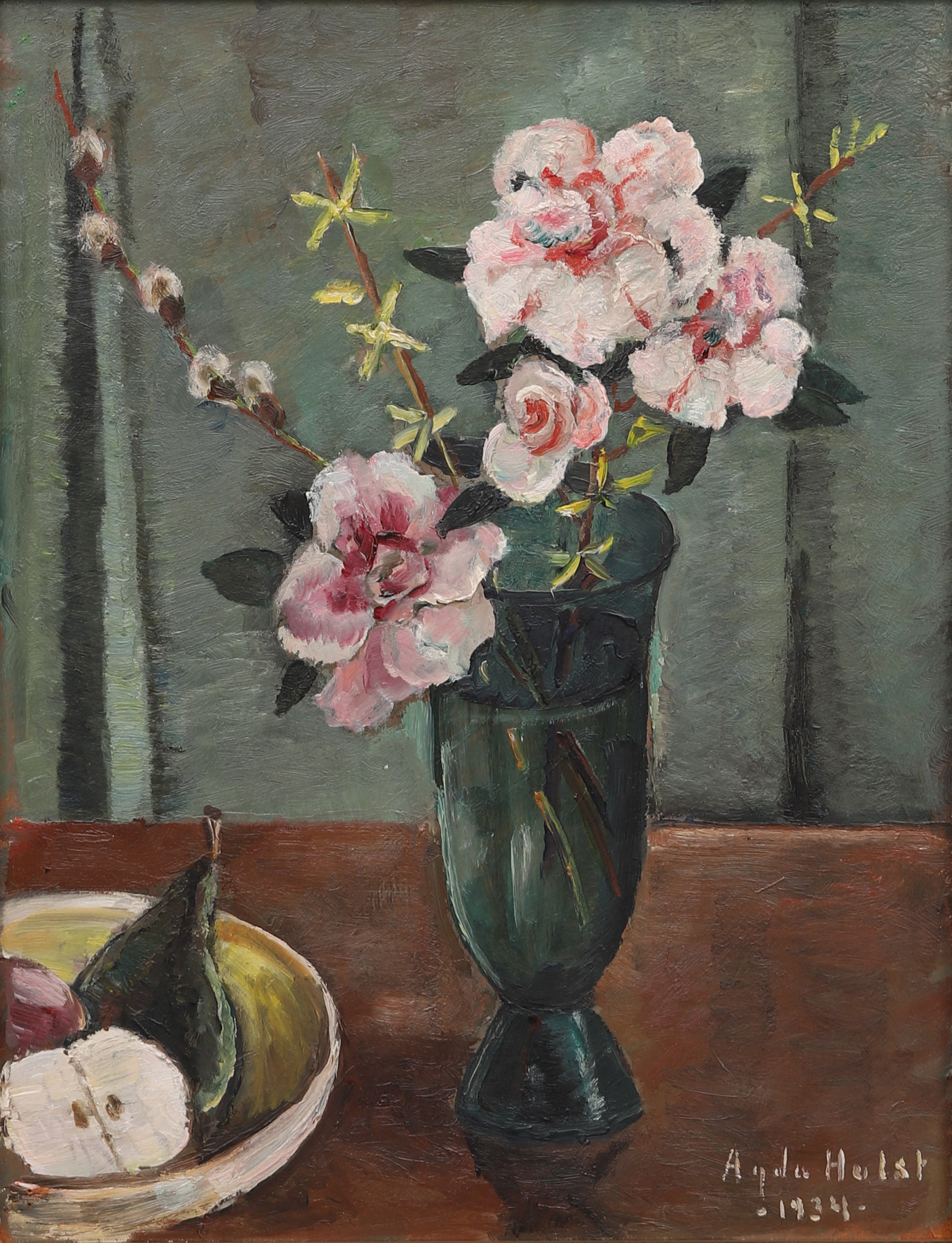 AGDA HOLST. Stilleben med blommor i glasvas samt skål med frukter, olja på pannå, signerad och daterad 1934.