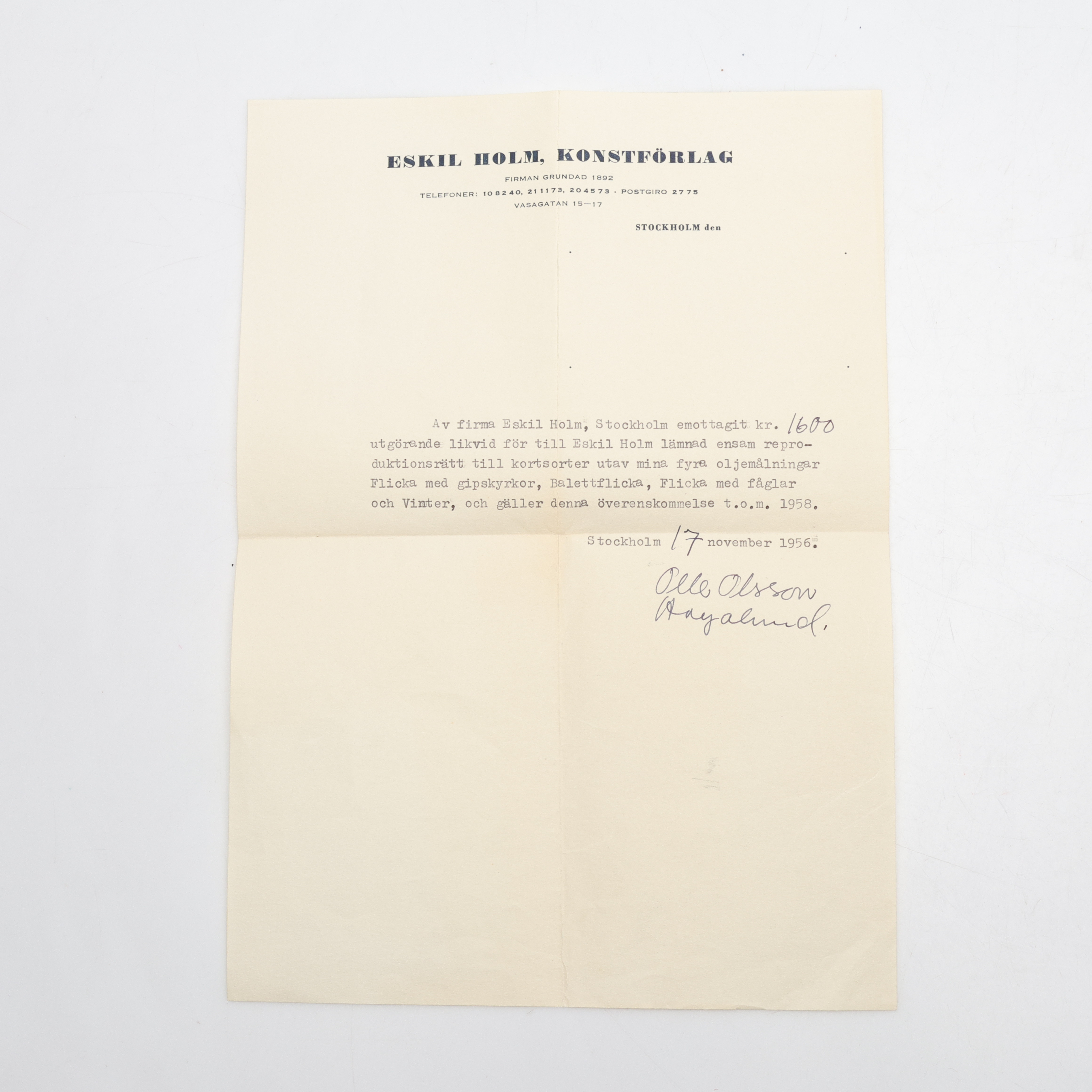 KONTRAKT, Eskil Holm konstförlag, Stockholm, för reproduktionsrätt för fyra oljemålningar. 1956-1958, Signerat av Olle Olsson-Hagalund.