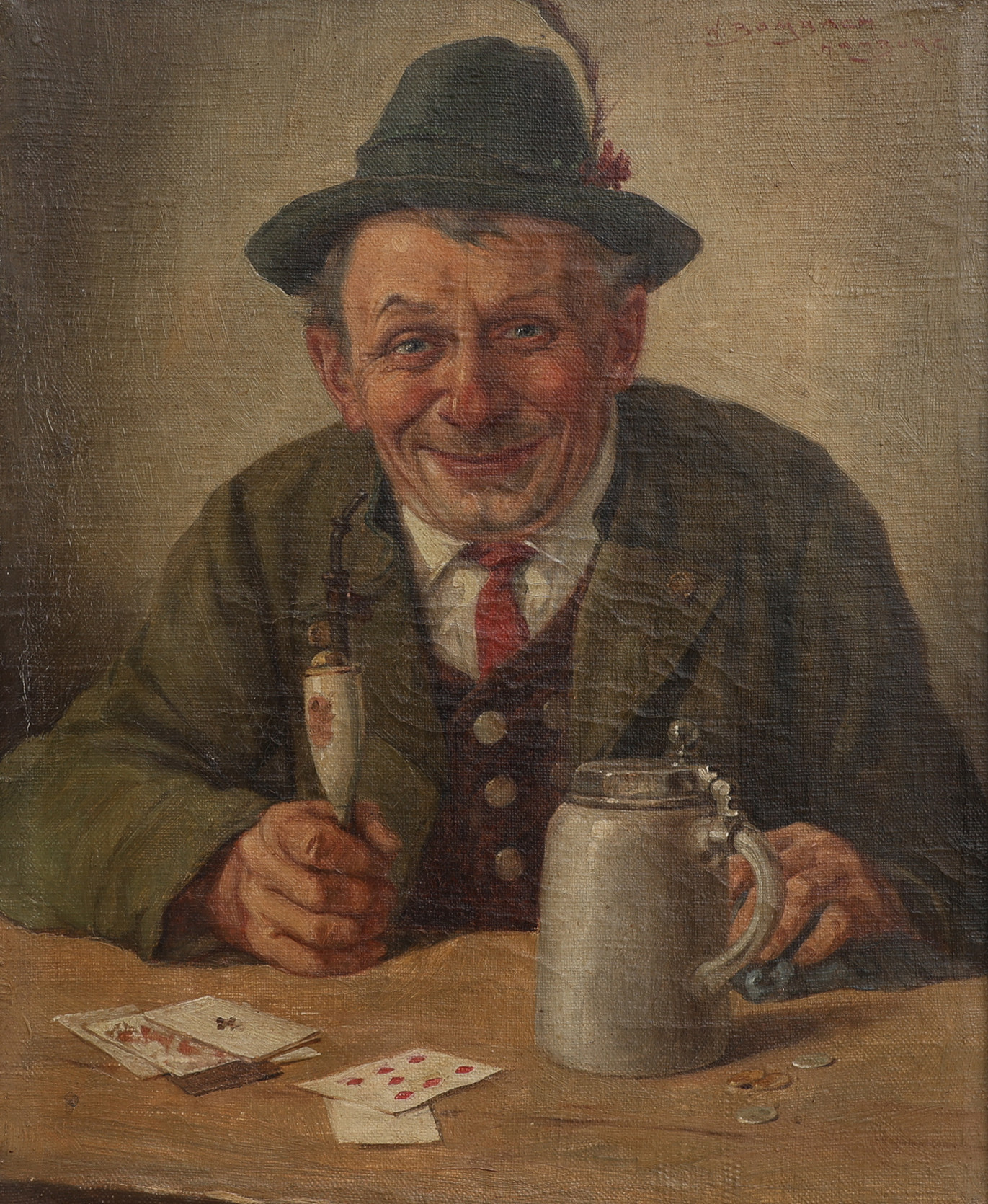 WILHELM BOMBACH (TYSKLAND 1855-1946). OLJA PÅ DUK, PORTRÄTT AV MUNTER MAN MED PIPA & SEJDEL, SIGNERAD, HAMBURG.