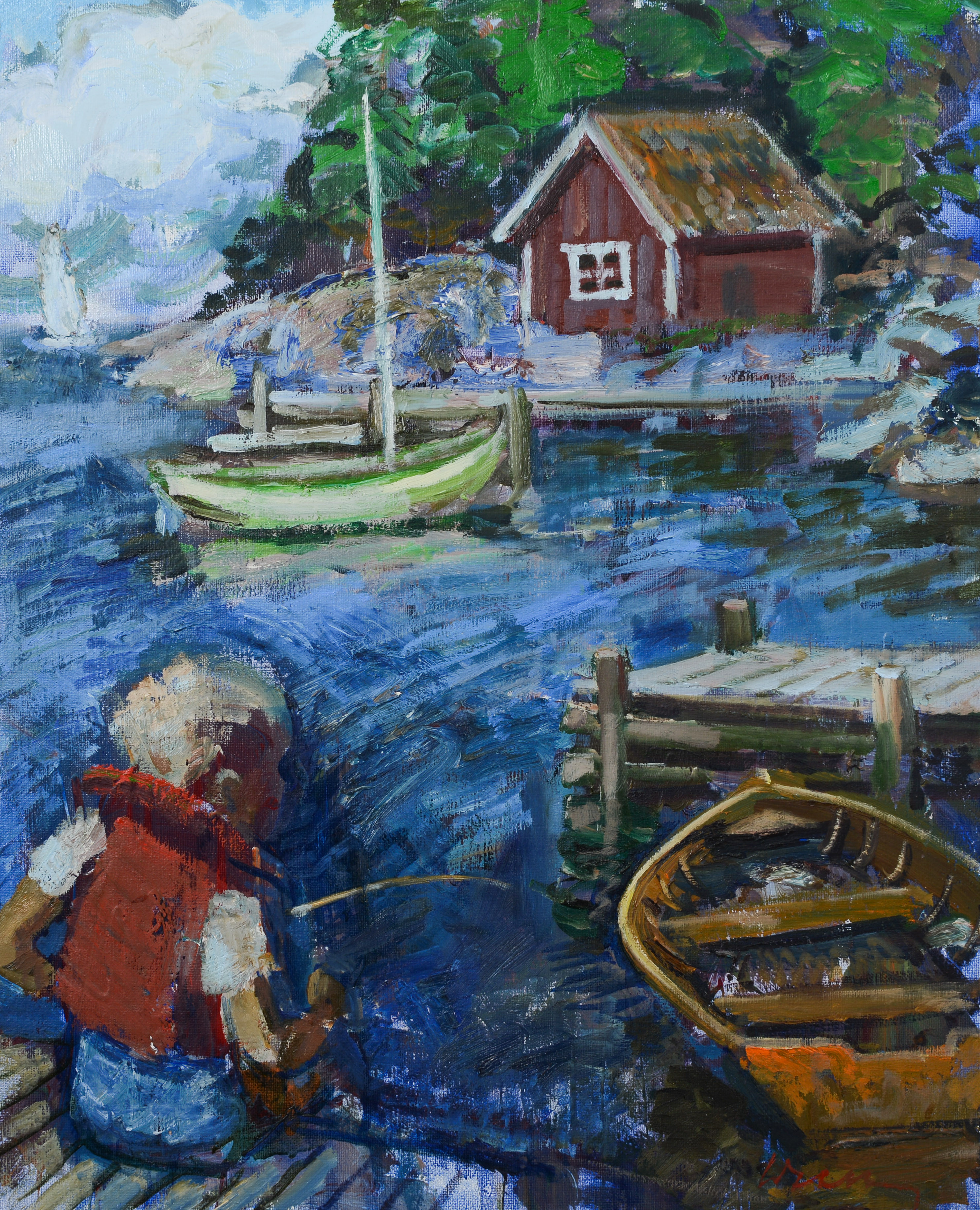 BERTIL WAHLBERG. Barn i båt, olja på duk, signerad.