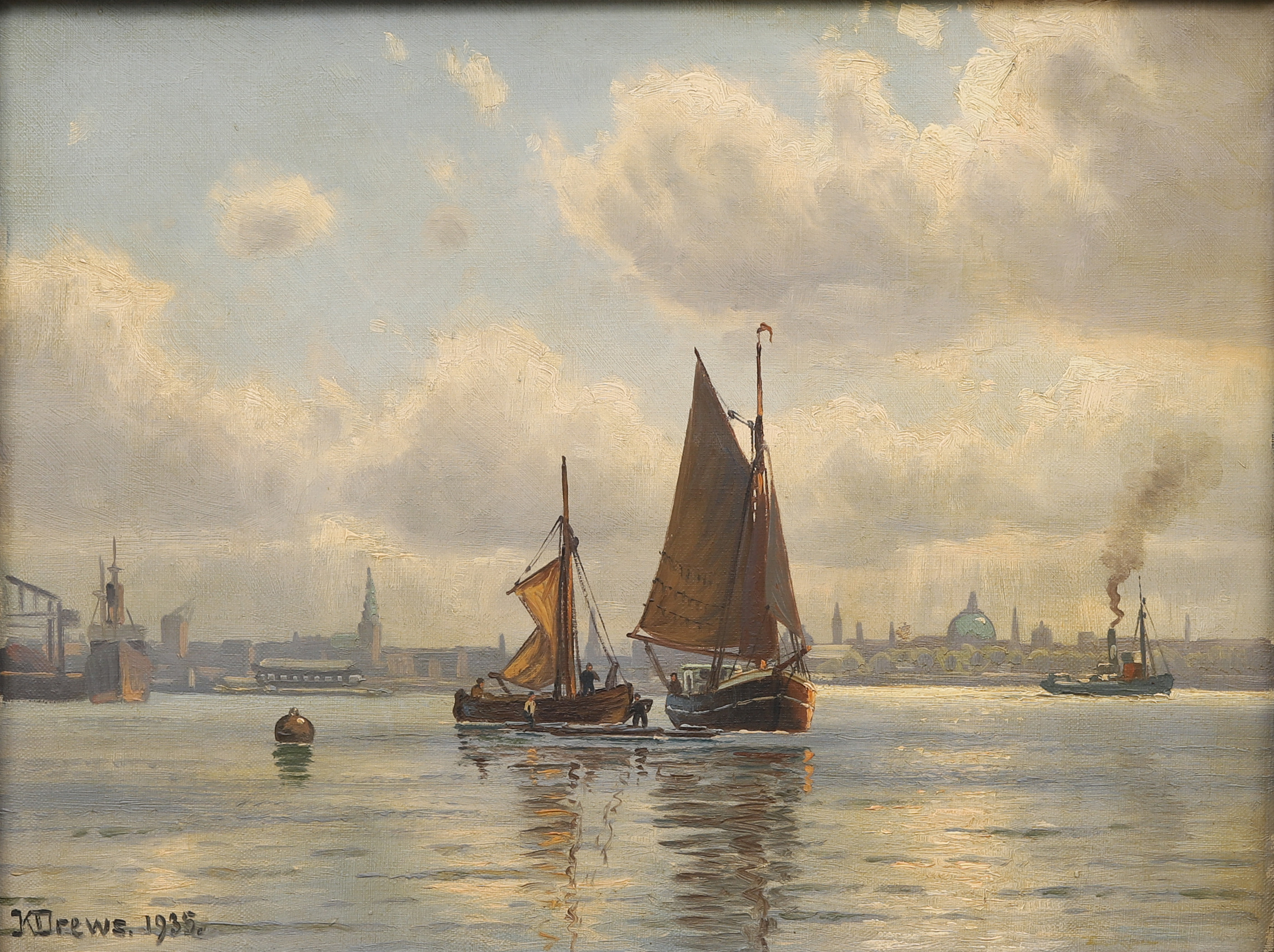 KAI DREWS. "Indsejling til Köbenhavn", olja på duk, signerad och daterad 1935.