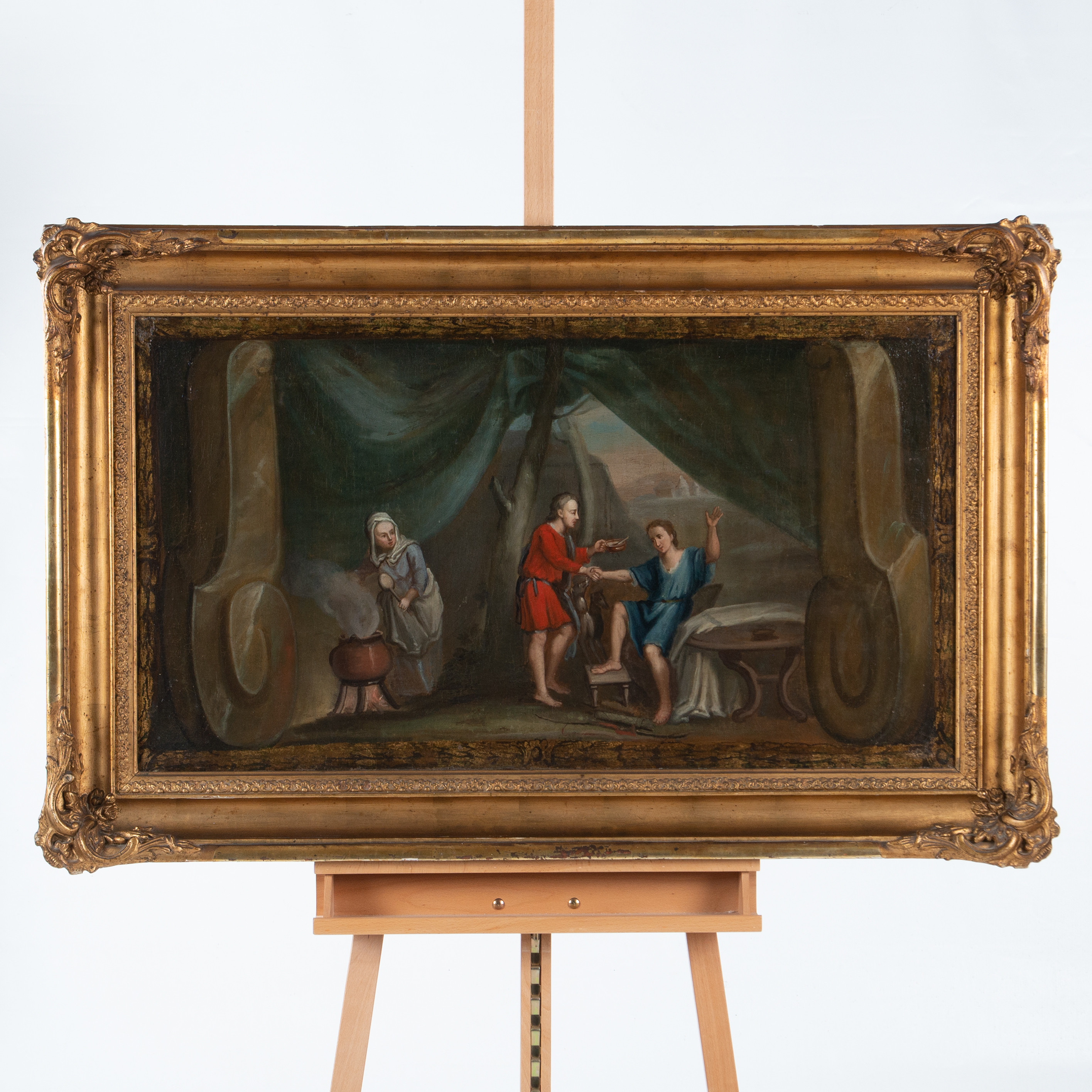 PEHR HÖRBERG (1745-1816). TILLSKRIVEN. Olja på duk. “Esau tvingas sälja sin förstfödslorätt till brodern Jakob för en tallrik grynvälling”.