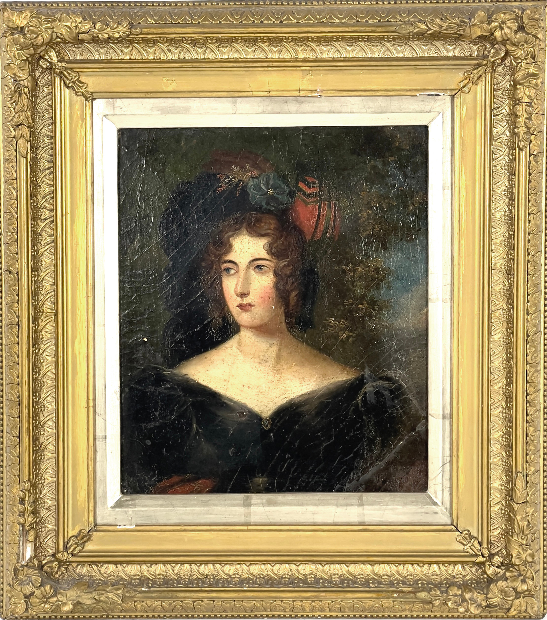 OKÄND KONSTNÄR, olja på pannå, Kvinna med fjäderprydd hatt, ej signerad, 1800-tal.