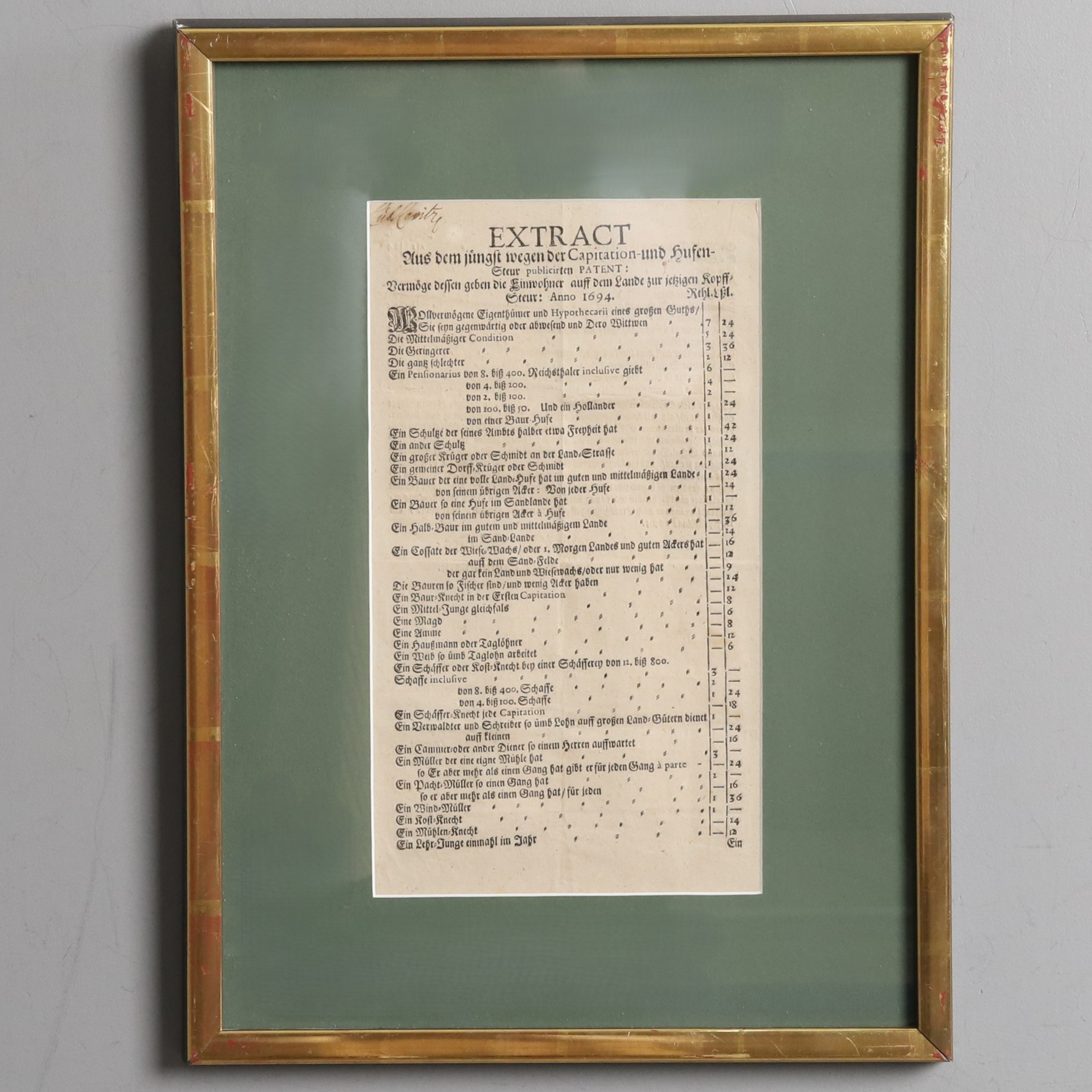 AVGIFTS-/SKATTETABELL. Stralsund, 1694.