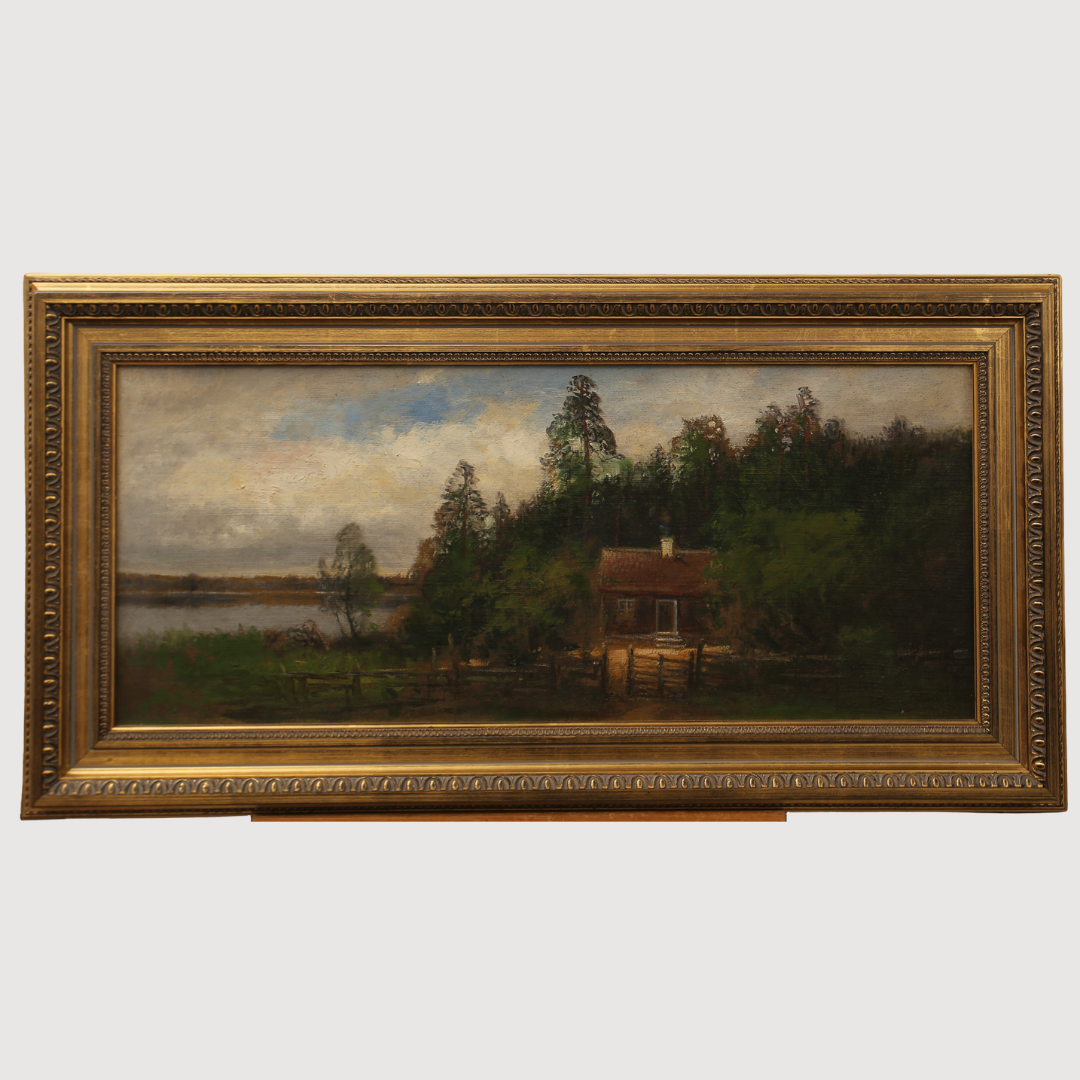 SEVERIN NILSSON. Olja på duk, hus vid sjö och skog, signerad.