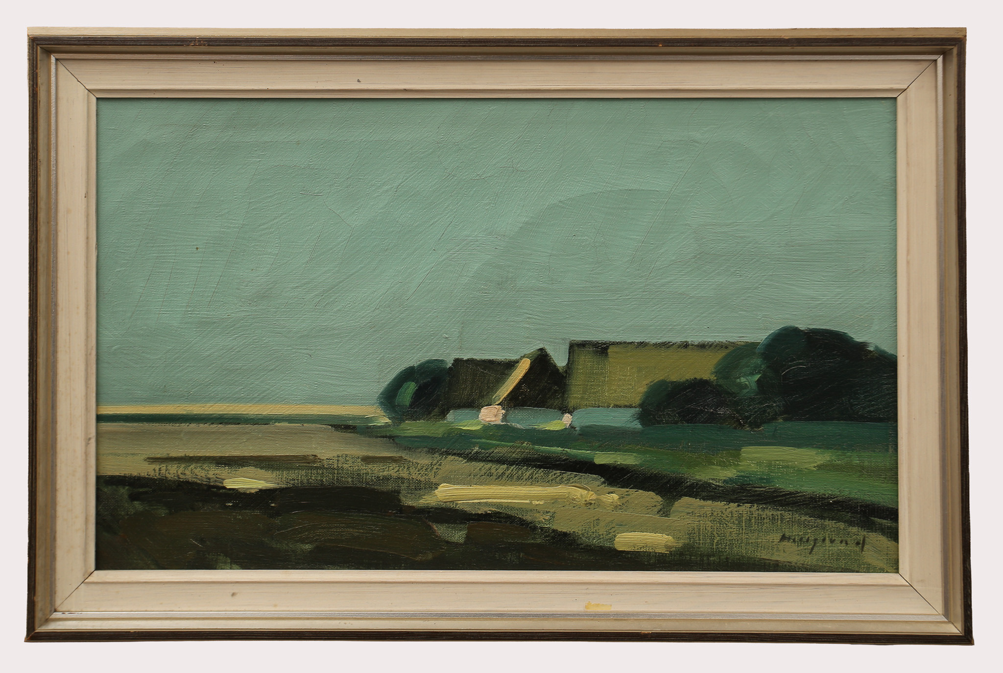 BENGT HILLGRUND. , olja på duk, skånegård i sommarlandskap. 1900-talets tredje fjärdedel.