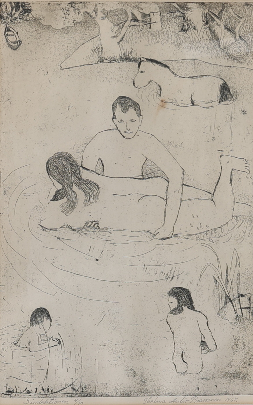 THELMA AULIO PAANANEN. etsning, "Simlektionen", signerad, numrerad 4/10 samt daterad 1967.