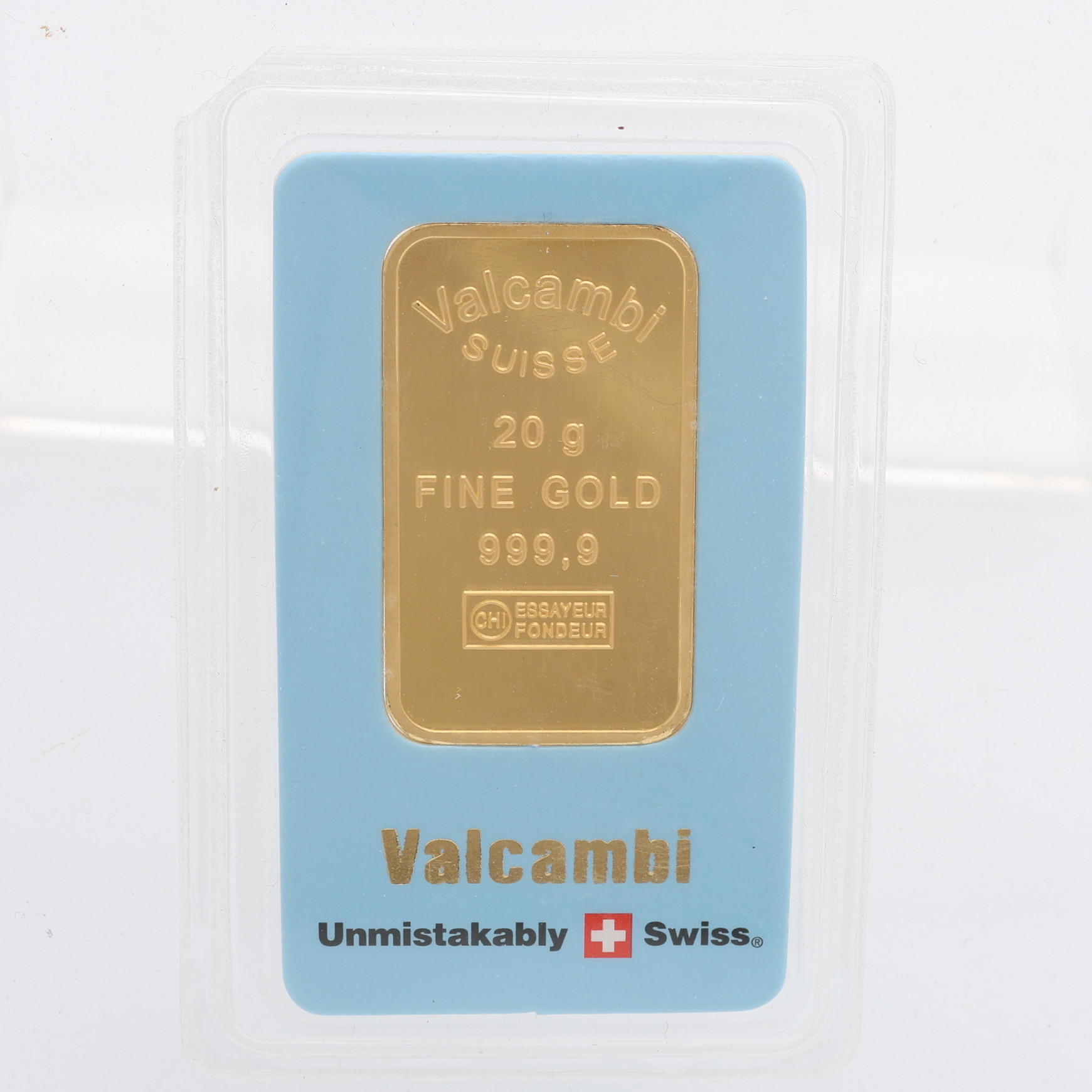 GULDTACKA, 24K GULD, VALCAMBI SUISSE, 20 GRAM.