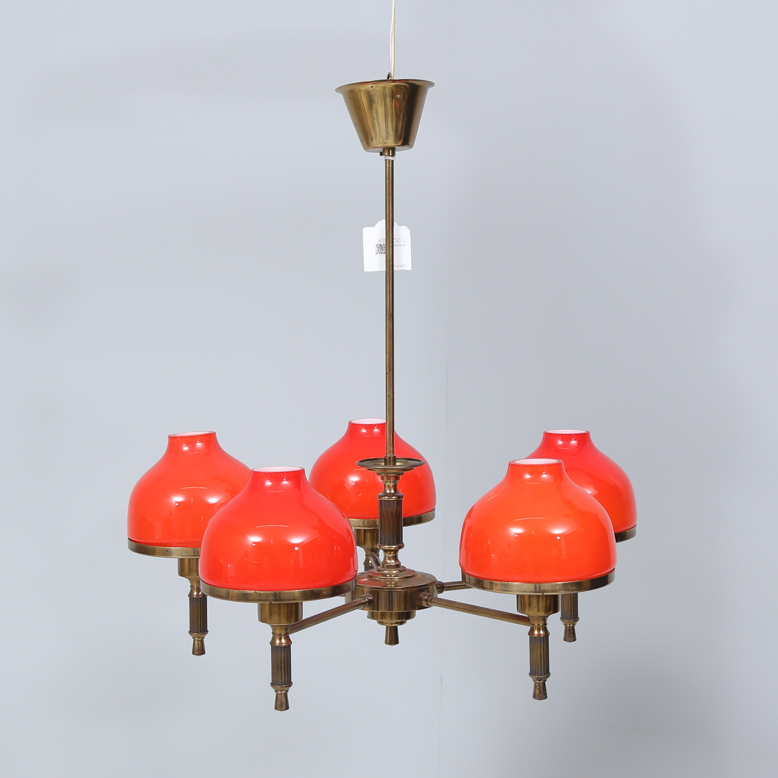 TAKLAMPA, mässing, med kupor i färgat glas, Swedish Modern, 1900-talets första hälft/mitt. .