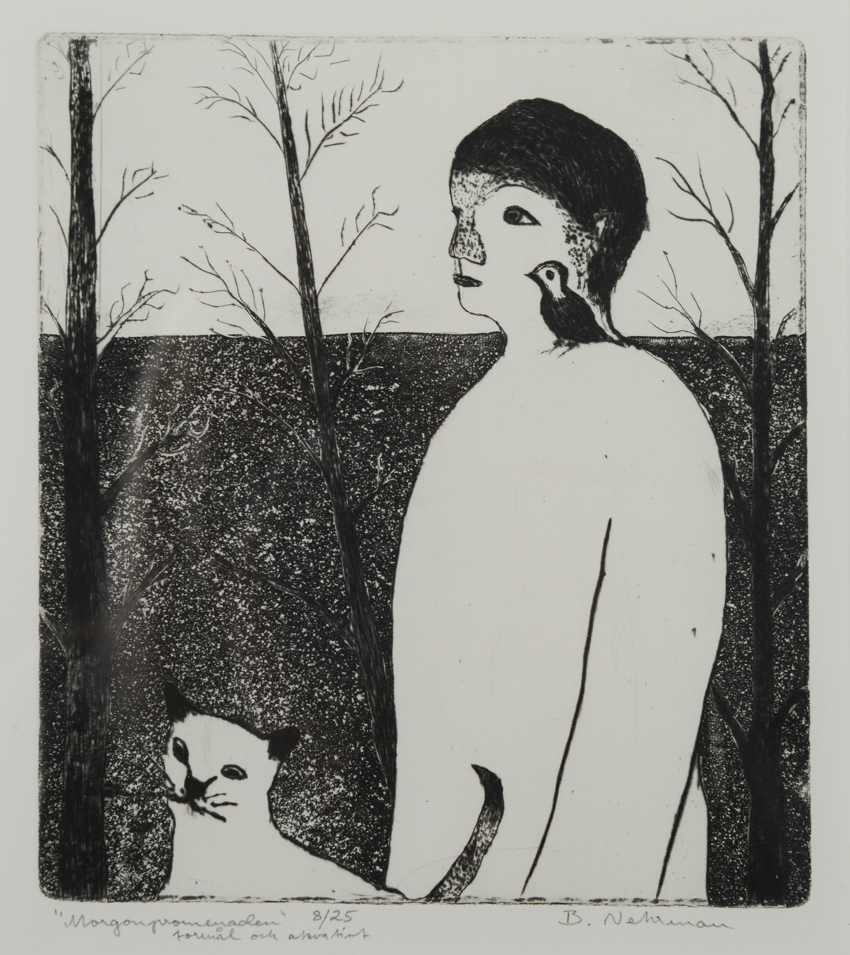 BIRGITTA NEHRMAN. "Morgonpromenaden", torrnål, signerad samt numrerad.