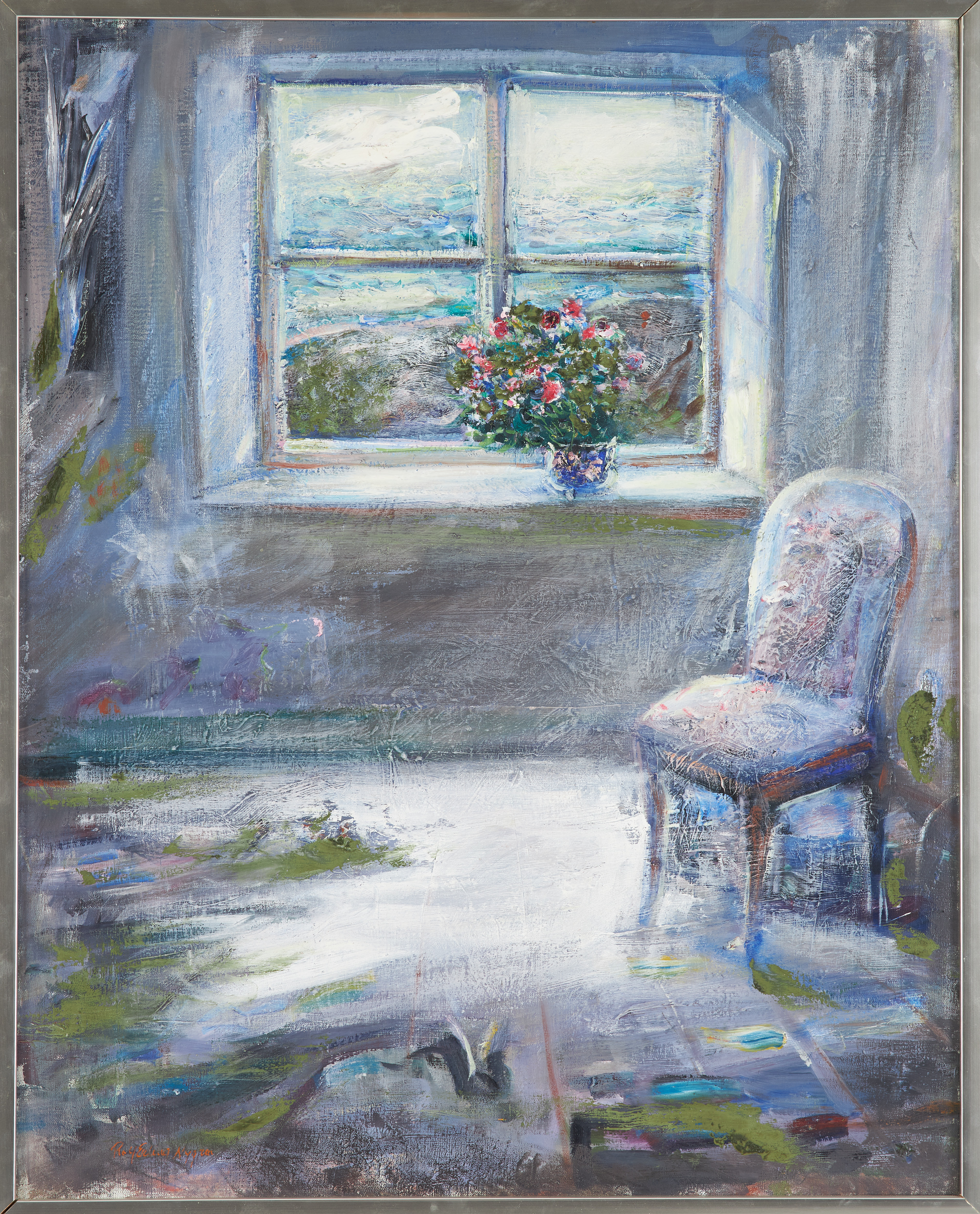 ROLF ERLING NYGREN. Interiör med blommor i vas och stol, olja på duk, signerad.