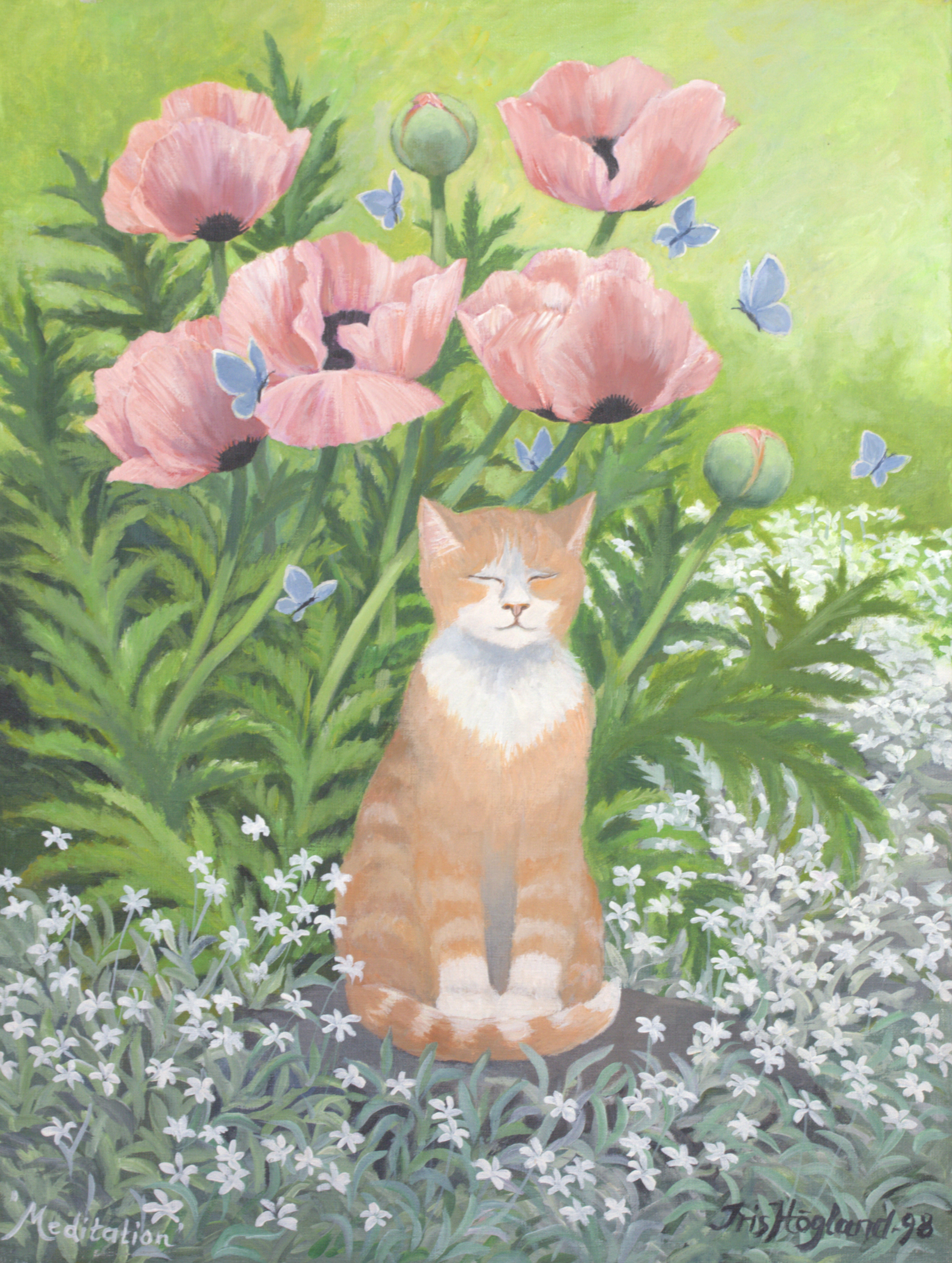IRIS HÖGLUND. Olja på duk, katt och vallmo, signerad.