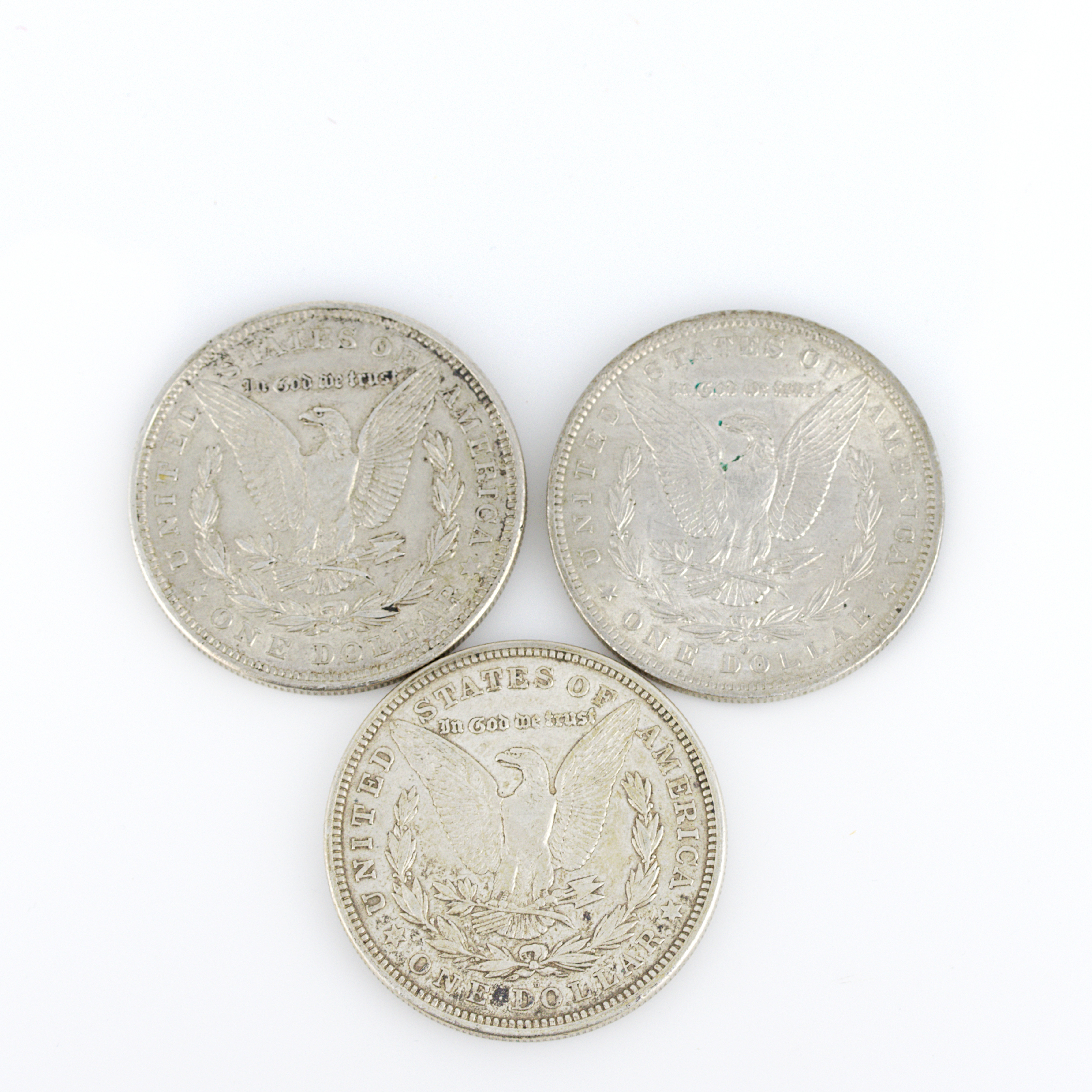 MYNT, 3 st. "Morgan dollar", silvermynt, 1883 och 1921, USA, cirkulerade.