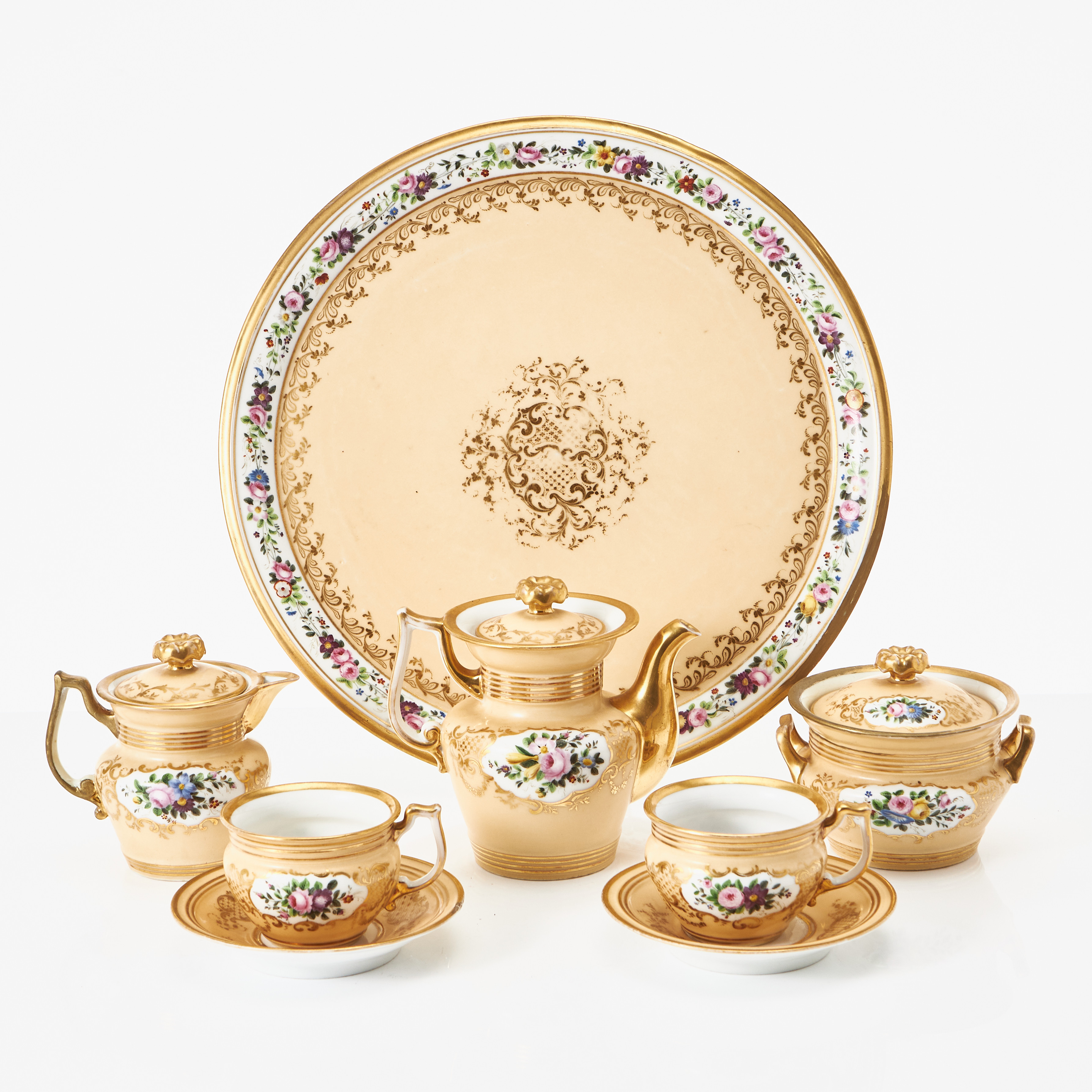 TÊTE-À-TÊTE, 6 dlr., porslin, Jacob Petit, Paris 1830/40-tal, dekor av blommor i kartusch, detaljer i guld.