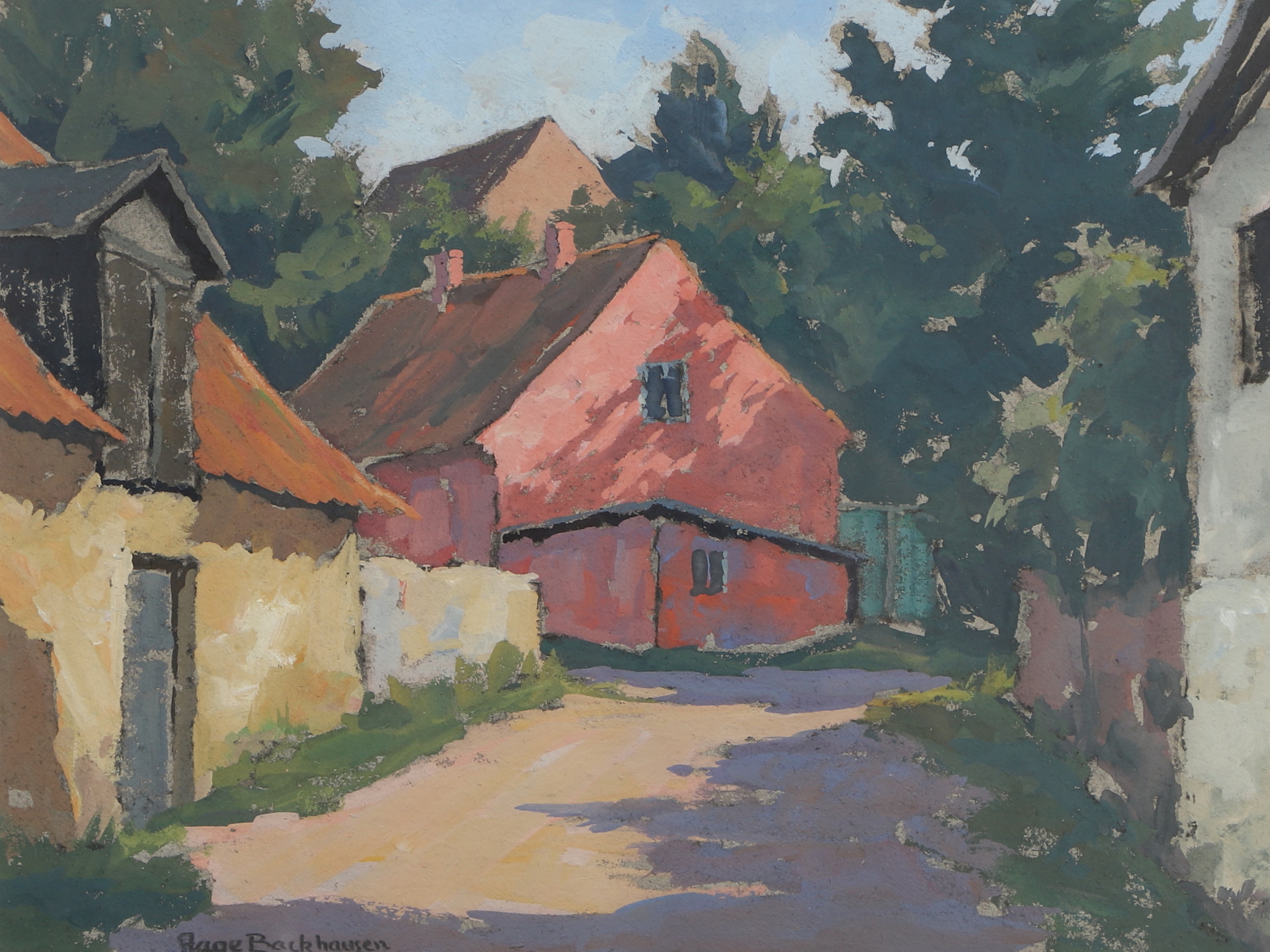 AAGE BACKHAUSEN. Blandteknik, bymotiv med hus och grönska, signerad, 1900-tal.