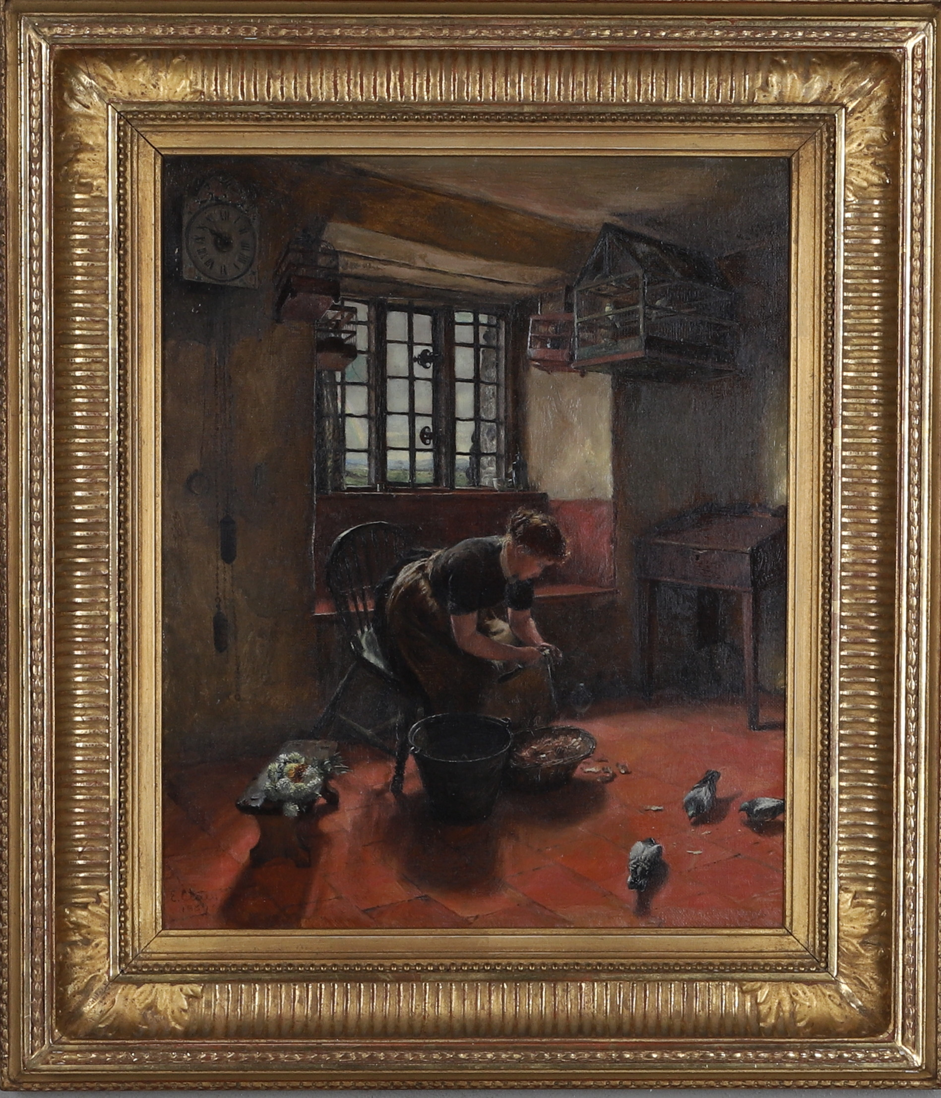 ELLEN LOUISE CLACY ( ENGLAND 1870-1916). Olja på duk, " I köket", signerad E Clacy och daterad 1889.