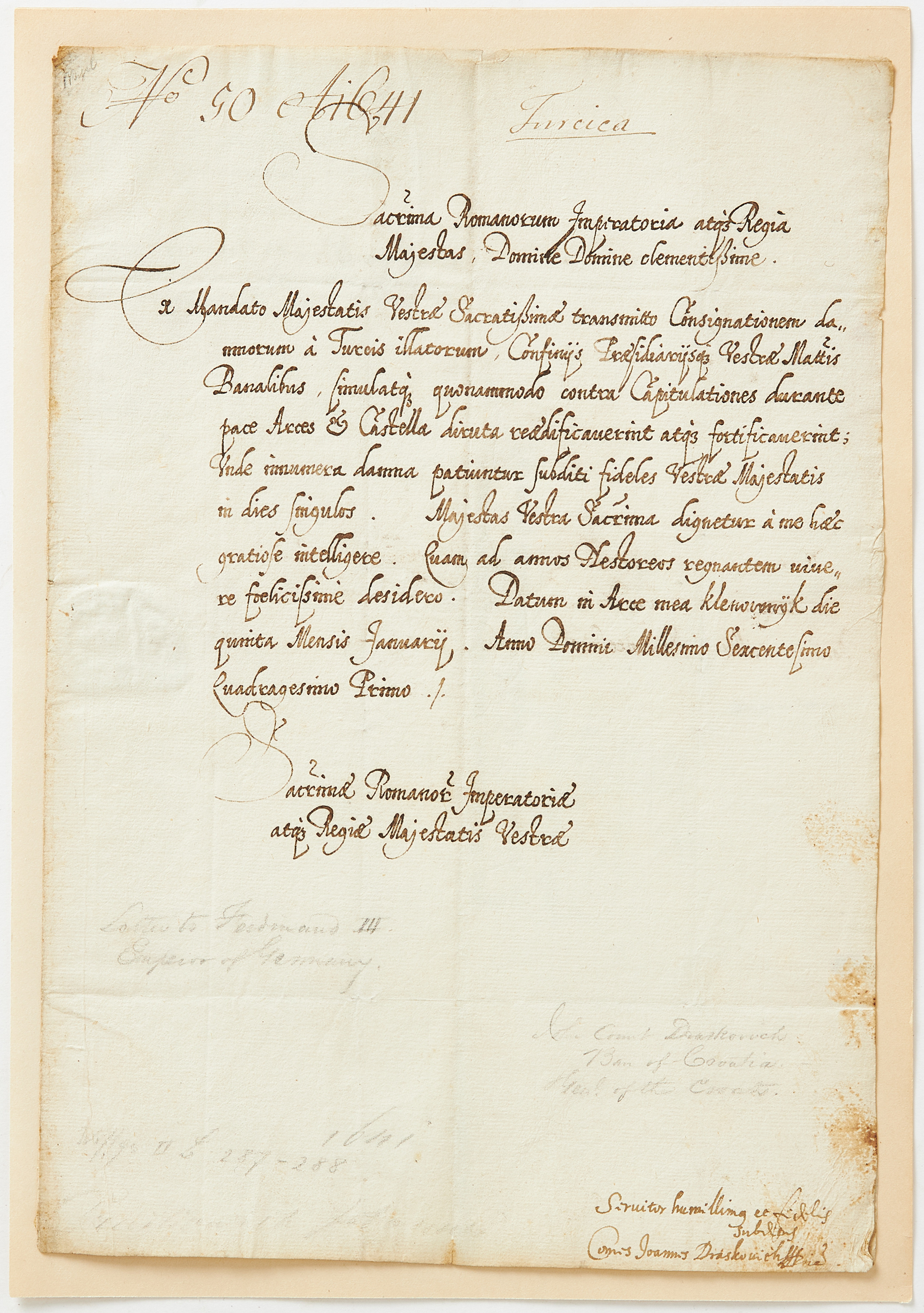 THIRTY YEARS' WAR - SIGNED LETTER TO FERDINAND III, 1641, probably from Joannis Draskovic.