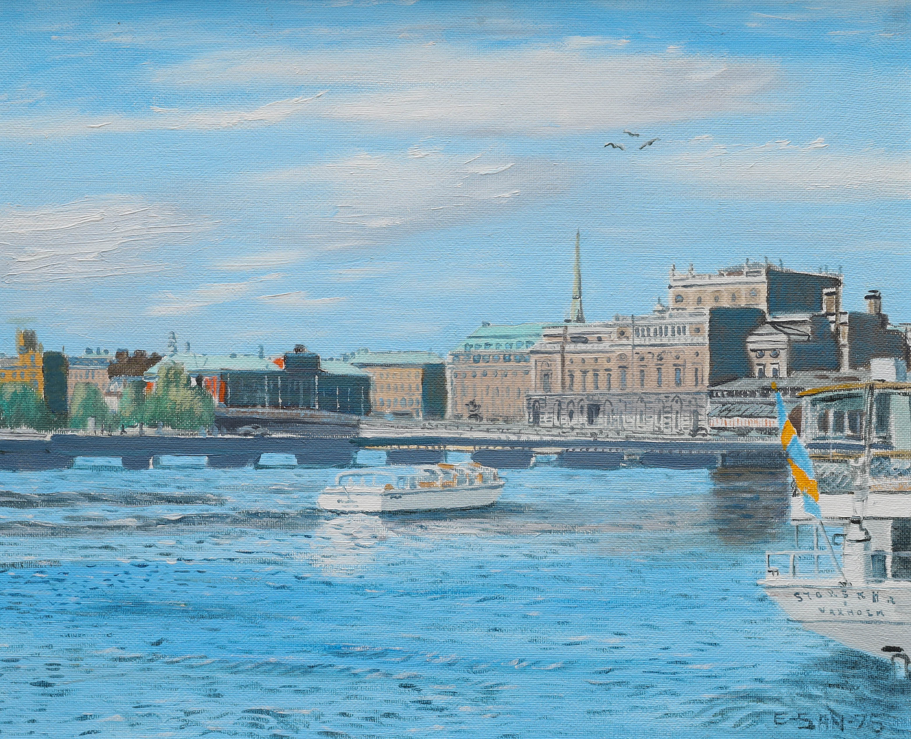 OIDENTIFIERAD KONSTNÄR. olja på pannå, "Vy mot Gustav Adolfs torg från Blasieholmen", signerad E-san, daterad -75.