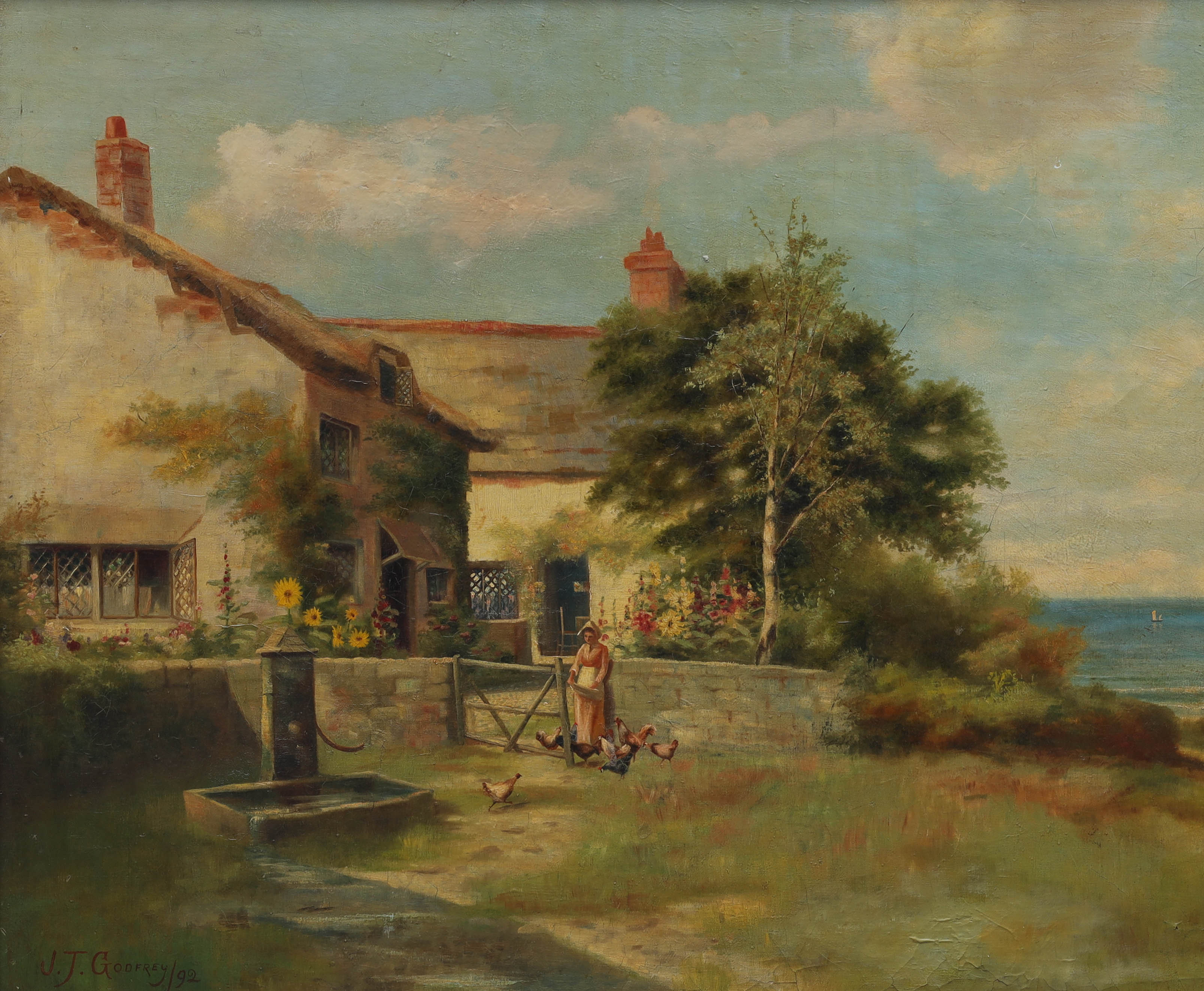 OIDENTIFIERAD KONSTNÄR. olja på duk, gårdsmiljö, signerad J.T Godfrey, daterad 1892.