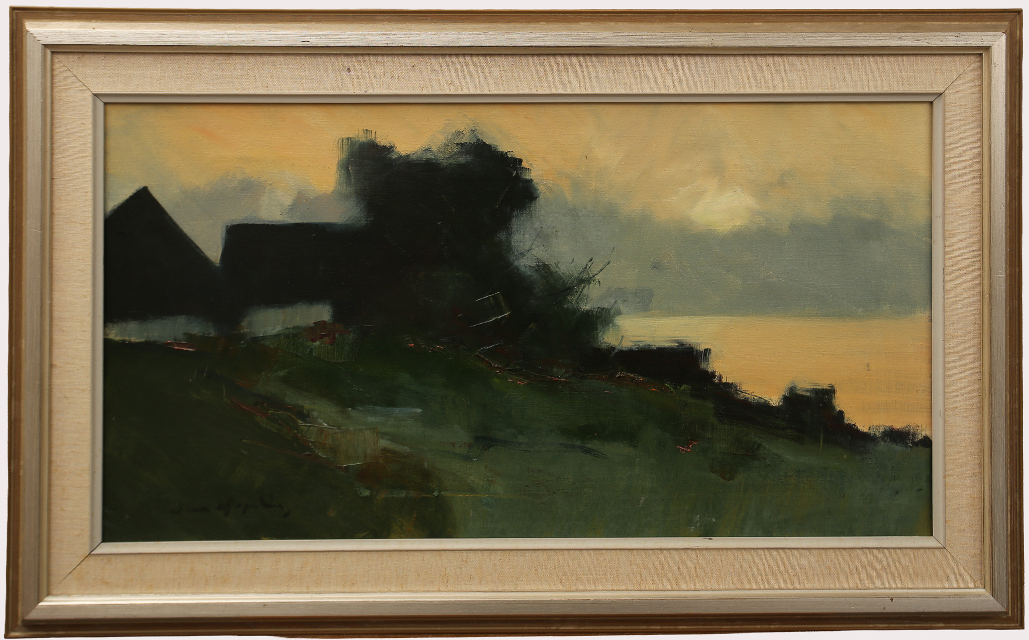ARNE ASPELIN. , olja på duk, byggnader vid kust - sommar. 1900-talets tredje fjärdedel.