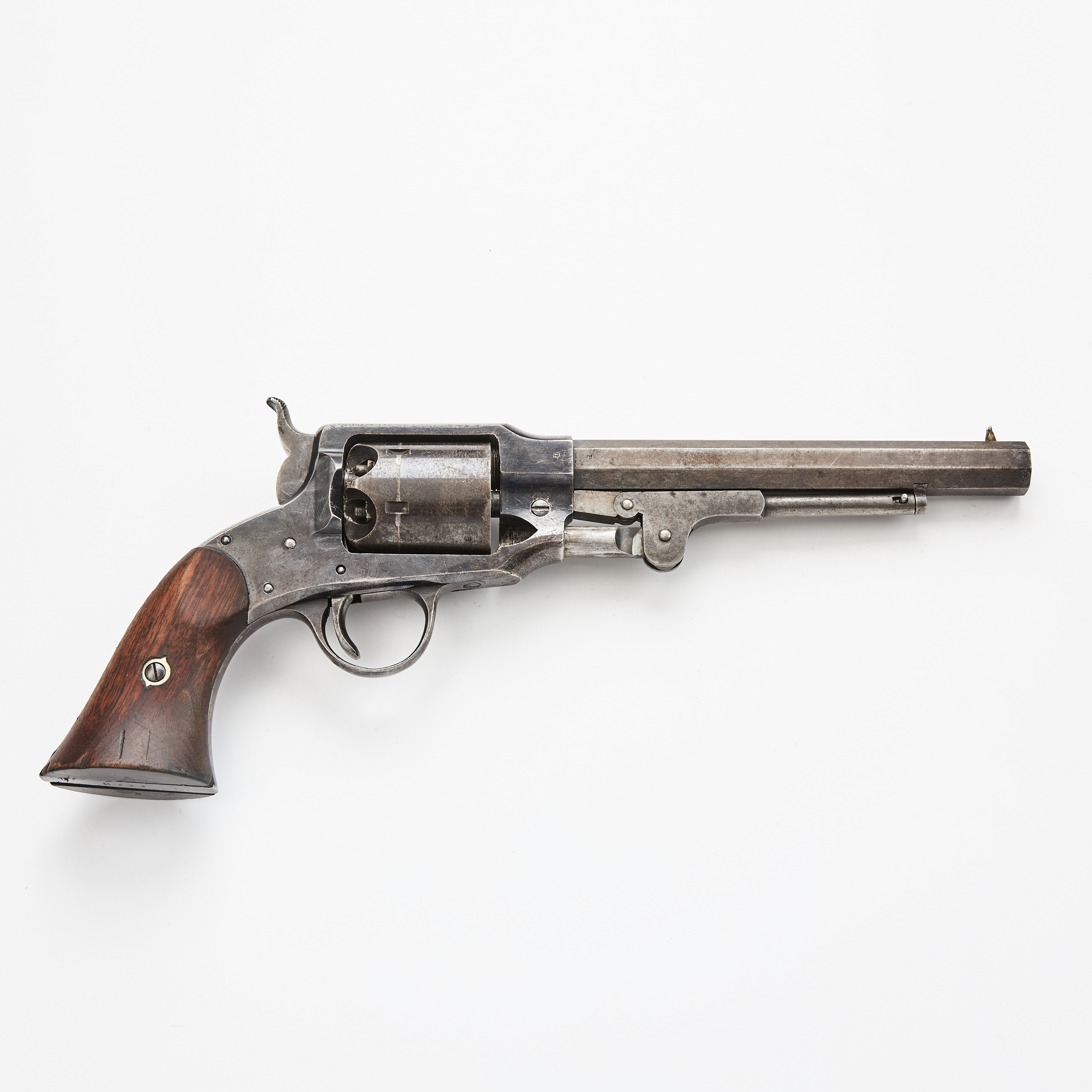 SLAGLÅSREVOLVER. amerikansk, Rogers & Spencer Army Revolver, kaliber. 44. Militära inspektionsstämpel på kolven.