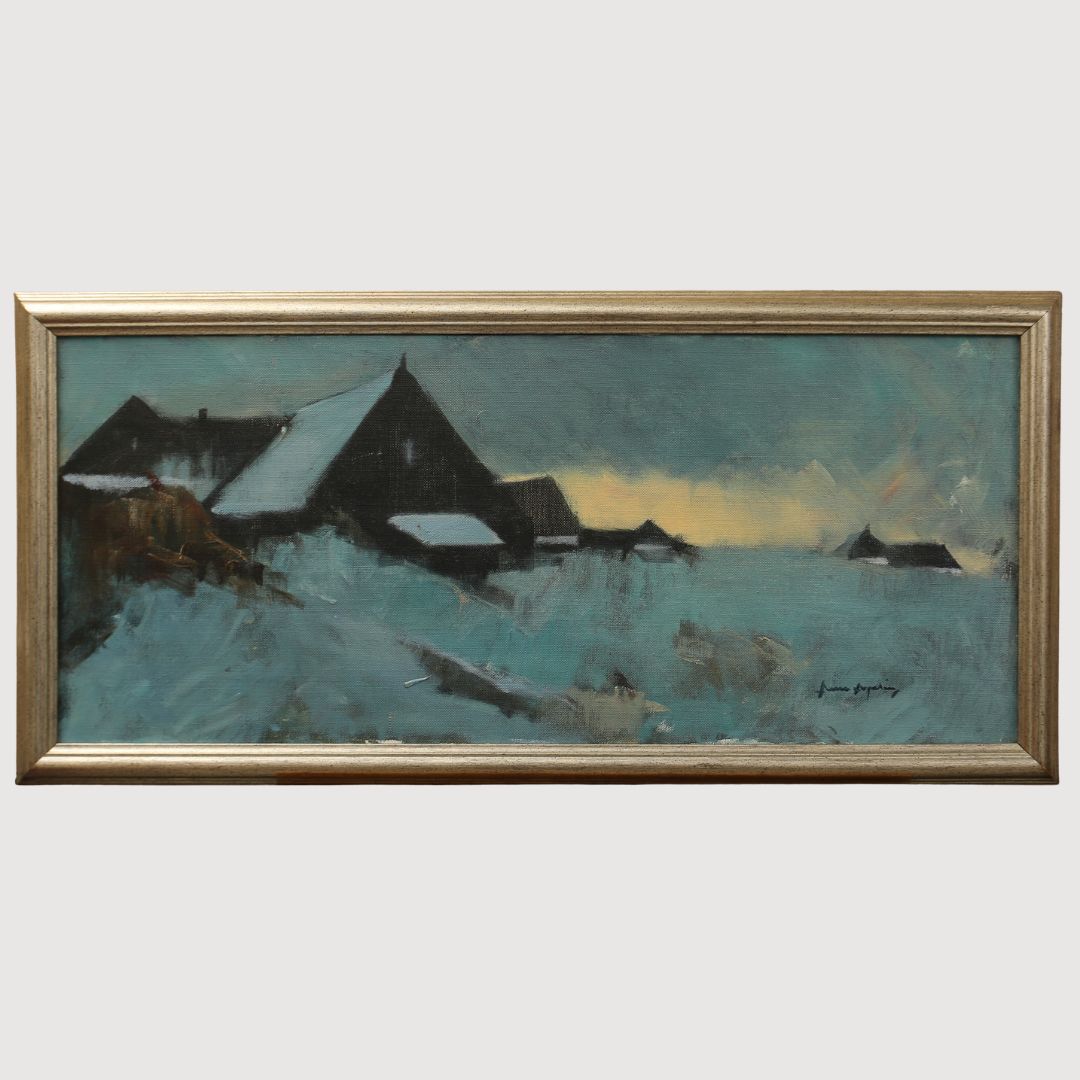 ARNE ASPELIN. , olja på duk, bondgårdar i vinterlandskap. 1900-talets tredje fjärdedel.