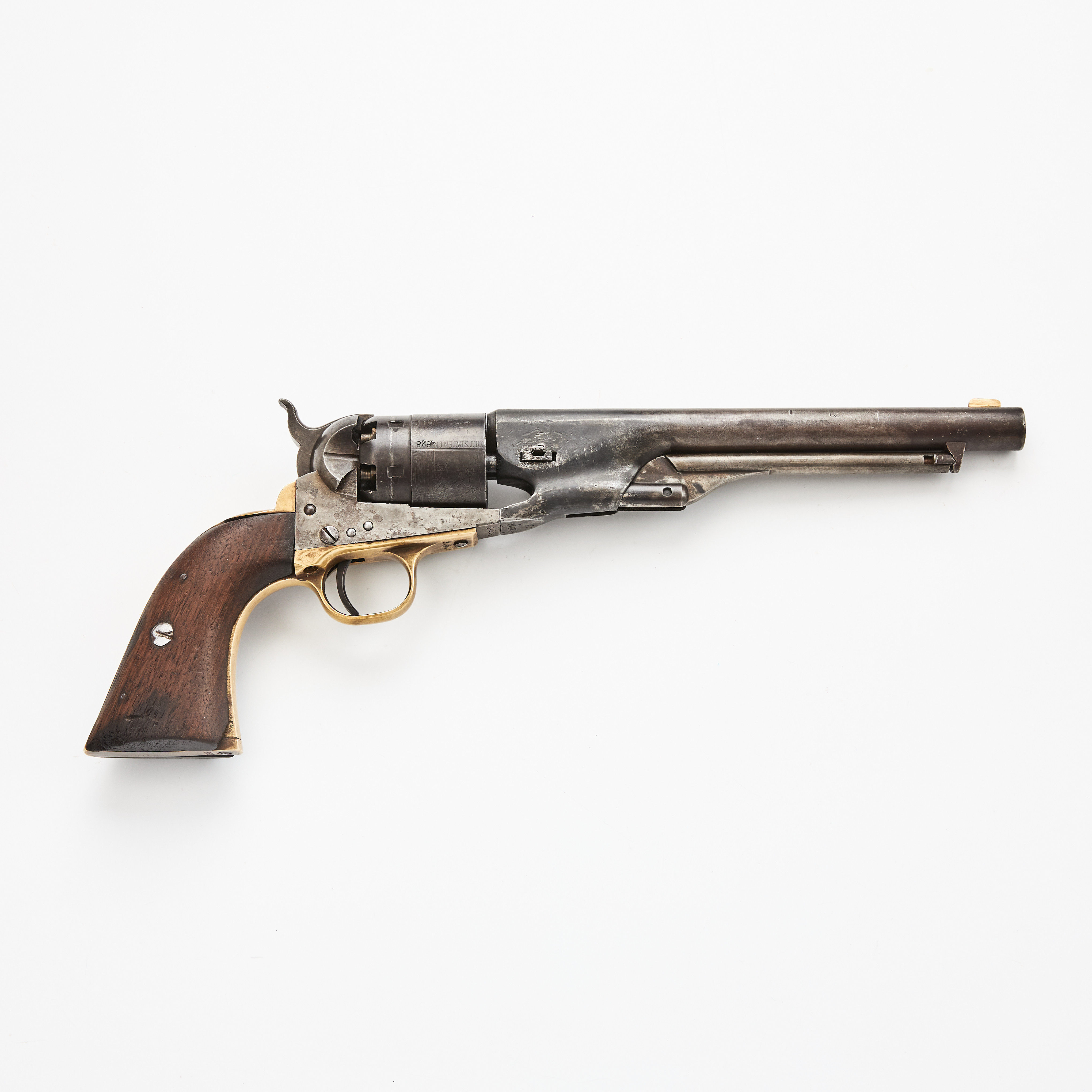 SLAGLÅSREVOLVER. amerikansk, Colt 1860 Army, kaliber. 44, no. 34628, tillverkad 1862, trumgravyr med bataljscen till sjös föreställandes slaget vid Campeche.