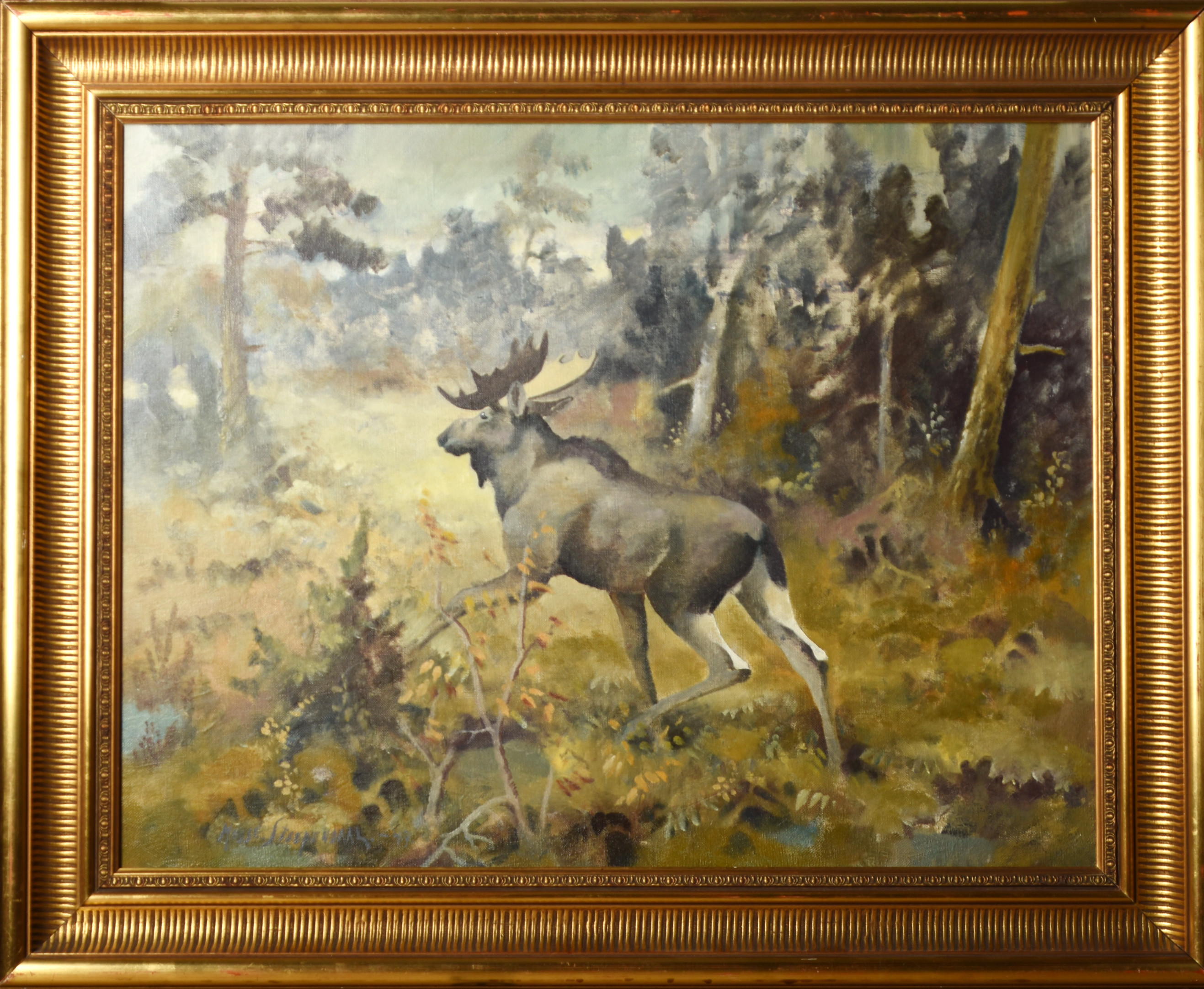MOSSE STOOPENDAAL. Olja på duk, "Älg tjur" signerad, daterad 1947.