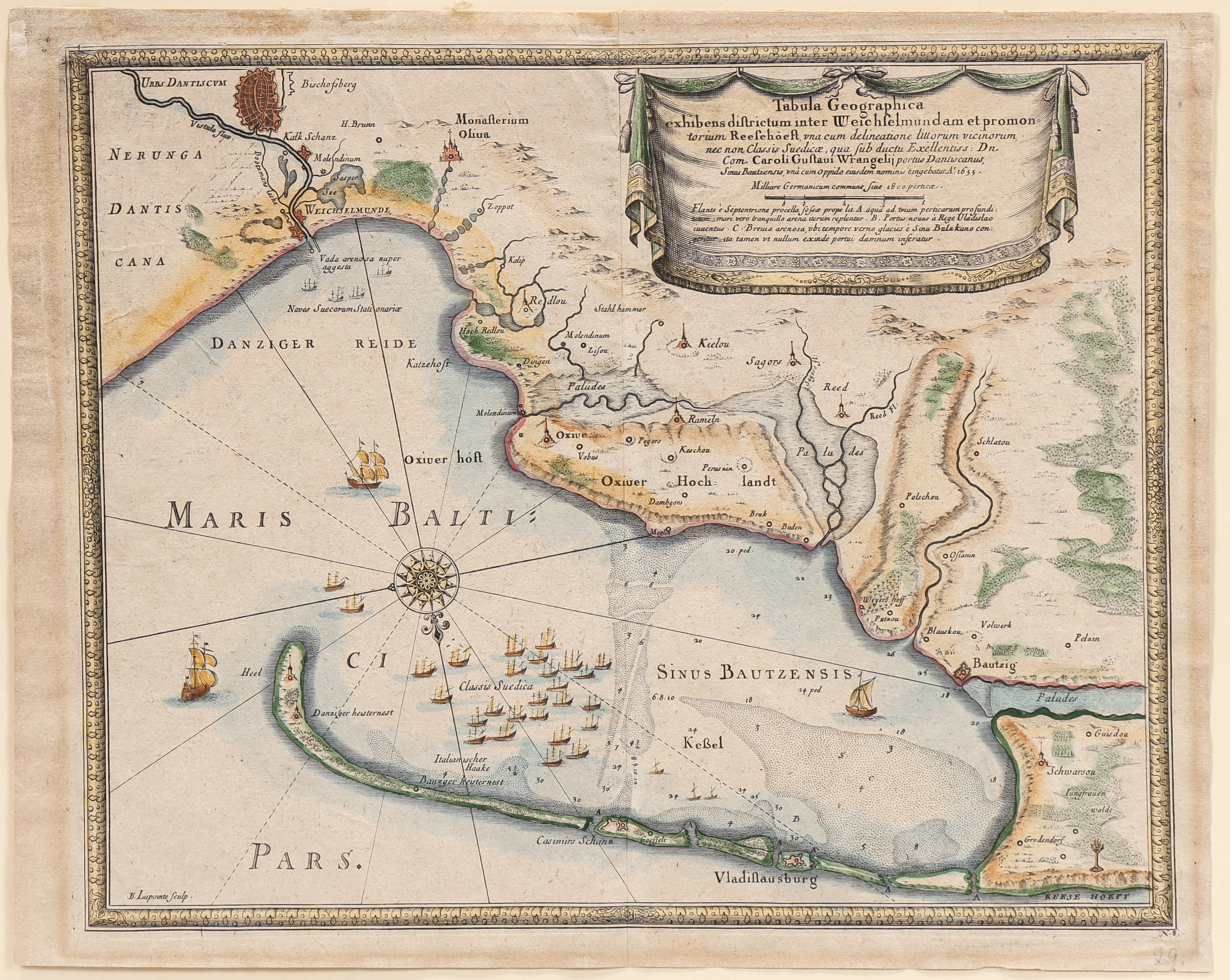 ERIK DAHLBERGH. KARTA ÖVER ÖSTERSJÖKUSTEN FRÅN DANZIG OCH WISŁAS MYNNING TILL HELNÄSET ur Peufendorfs "De rebus a Carolo Gustavo Sueciae gestis commentarium libri septem" 1697.