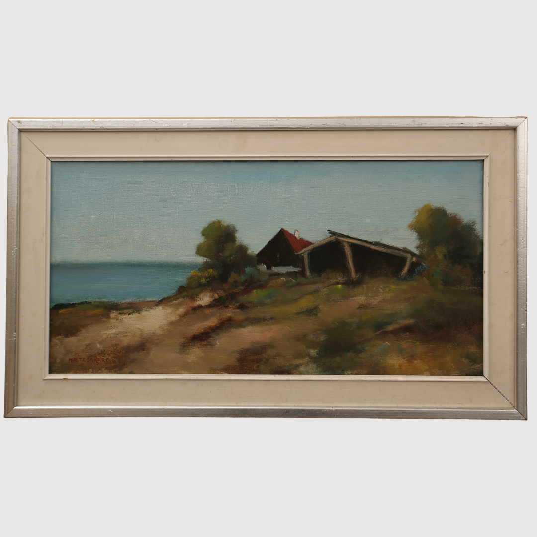 MALTE SÄRLÖV. , olja på duk, stuga vid havet. 1900-talets tredje fjärdedel.