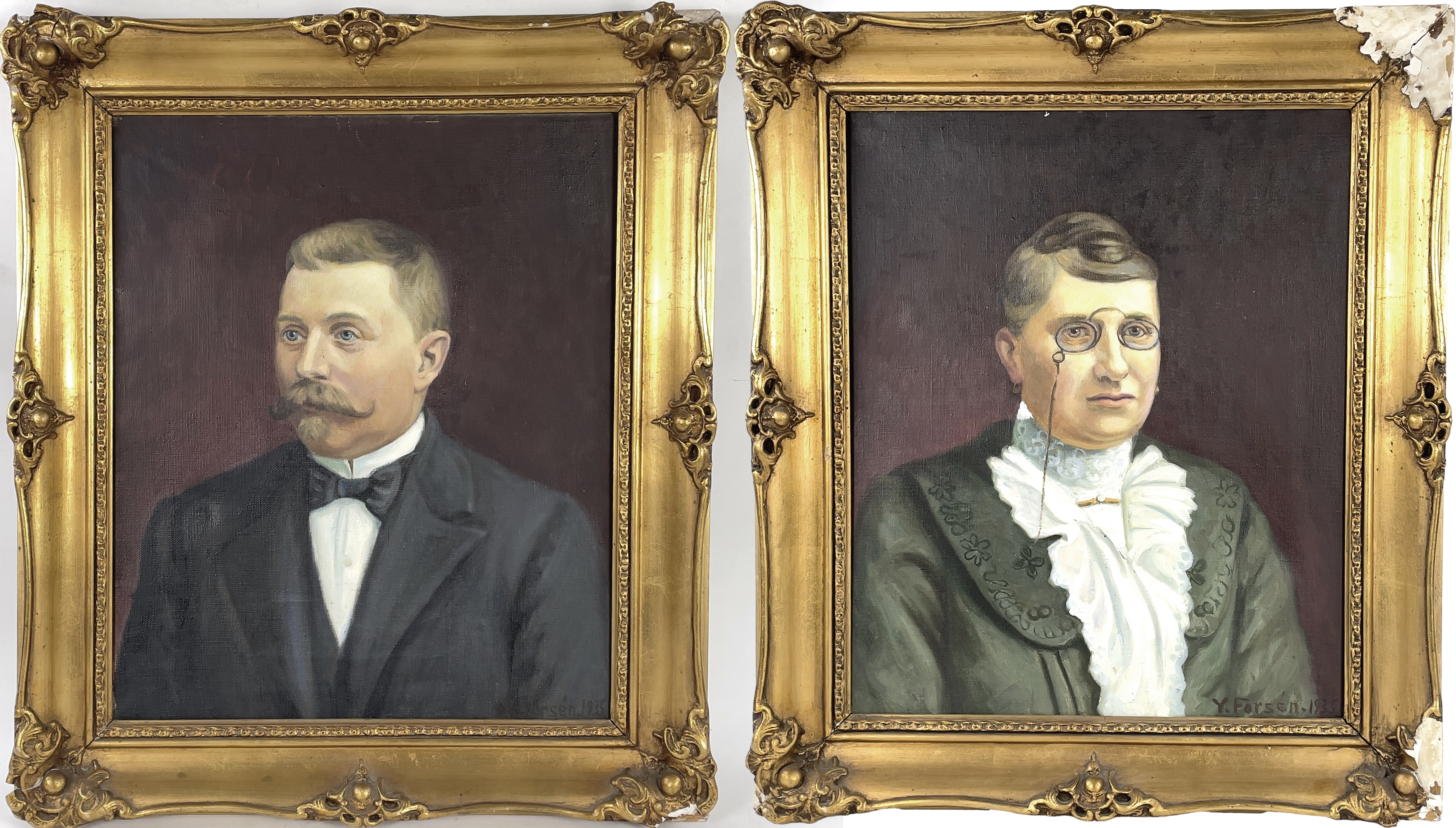 YRJÖ FORSÉN. 2 st, olja på duk, porträtt av mustaschprydd man samt dam med lornjett, signerade Y. Forsén samt daterade 1935.