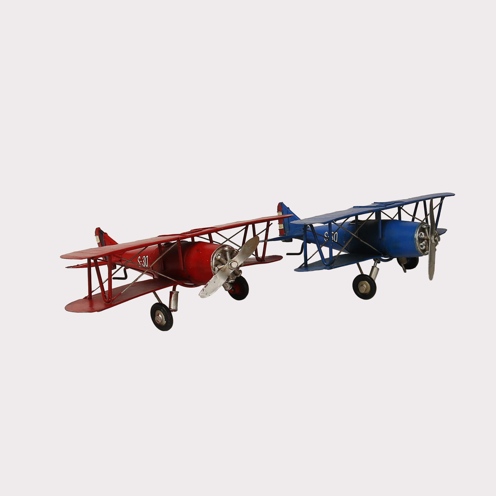 FLYGPLAN, DUBBELDÄCKARE, 2 st., plåt, röd rsp. blå färg. Omkring 1900-talets sista fjärdedel.