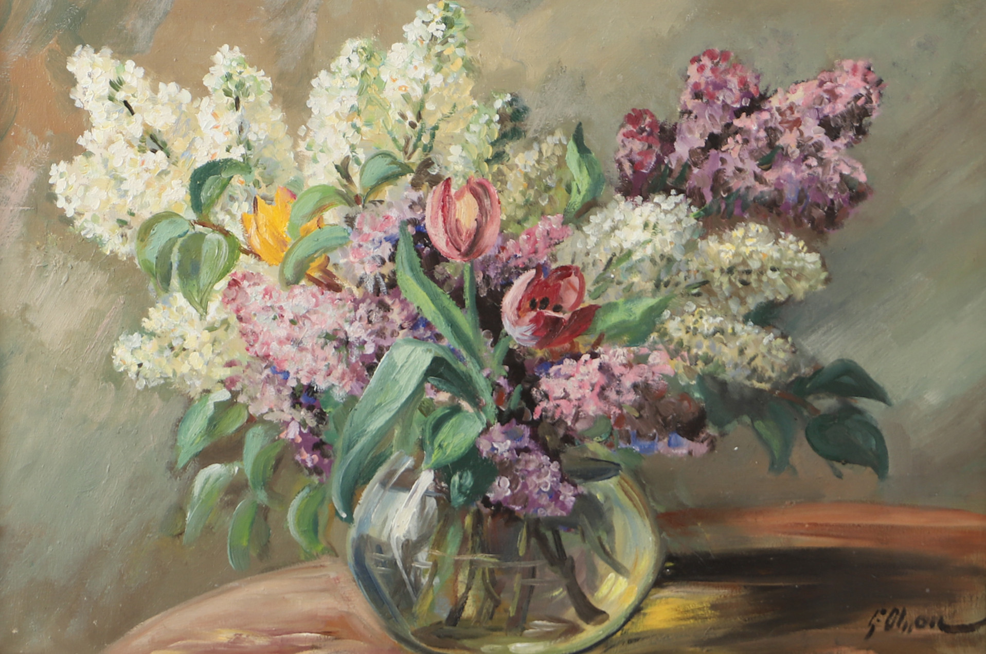 OIDENTIFIERAD KONSTNÄR. Blomsterstilleben, olja på duk, signerad G Olsson.