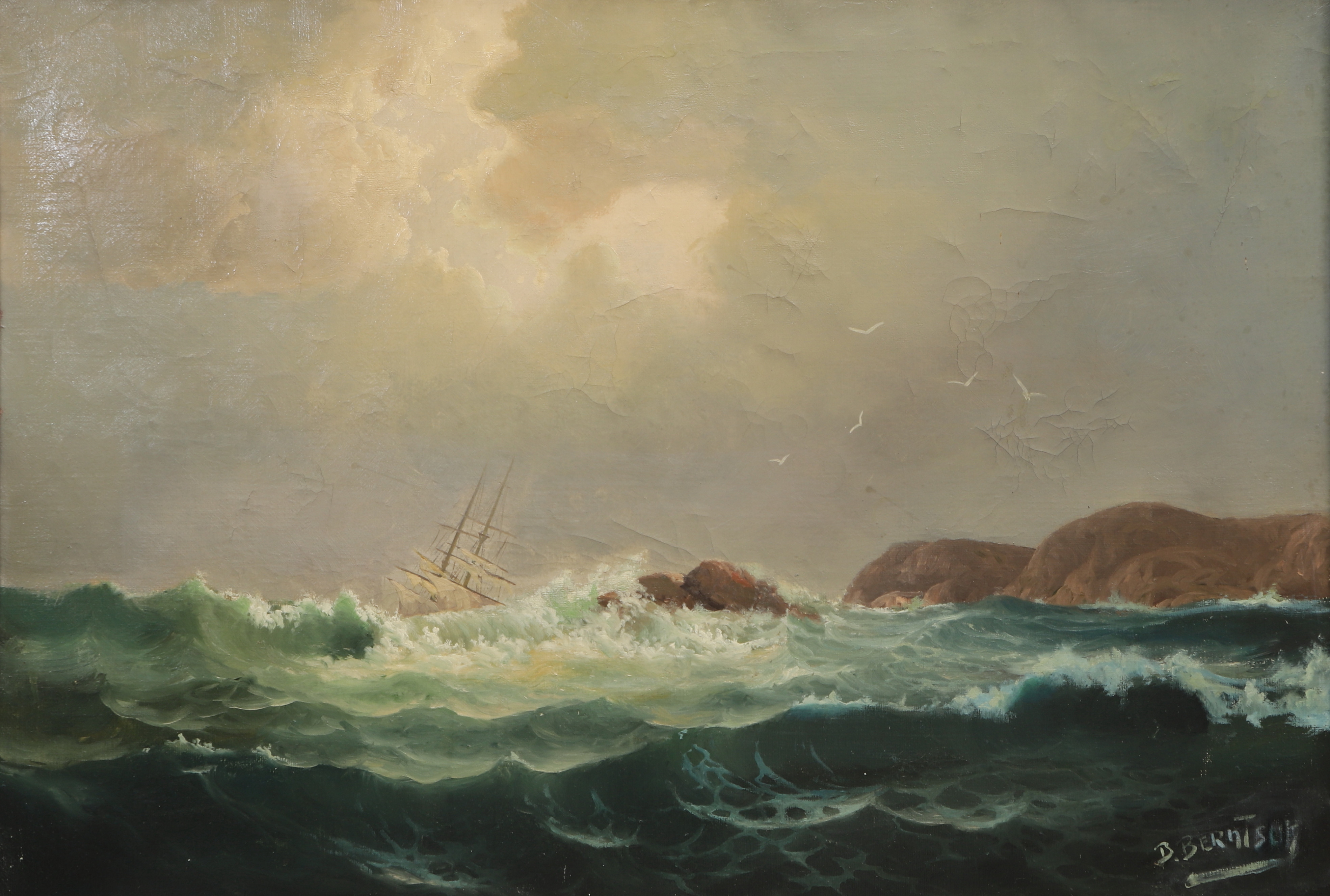 Olja på duk, skepp på stormigt hav, signerad, 1900-talets första hälft.