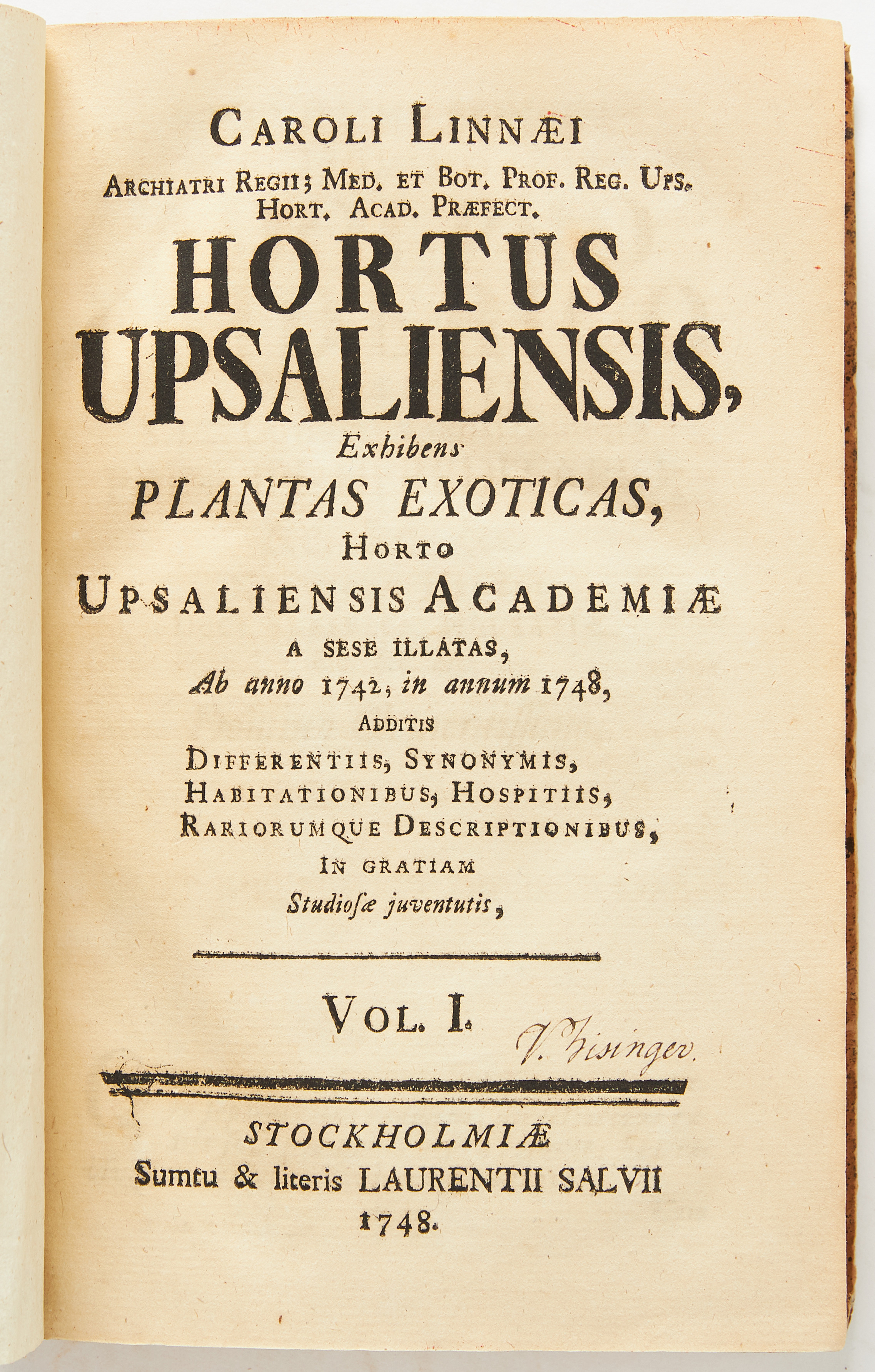 HISINGER'S COPY OF LINNAEUS HORTUS UPSALIENSIS 1748.