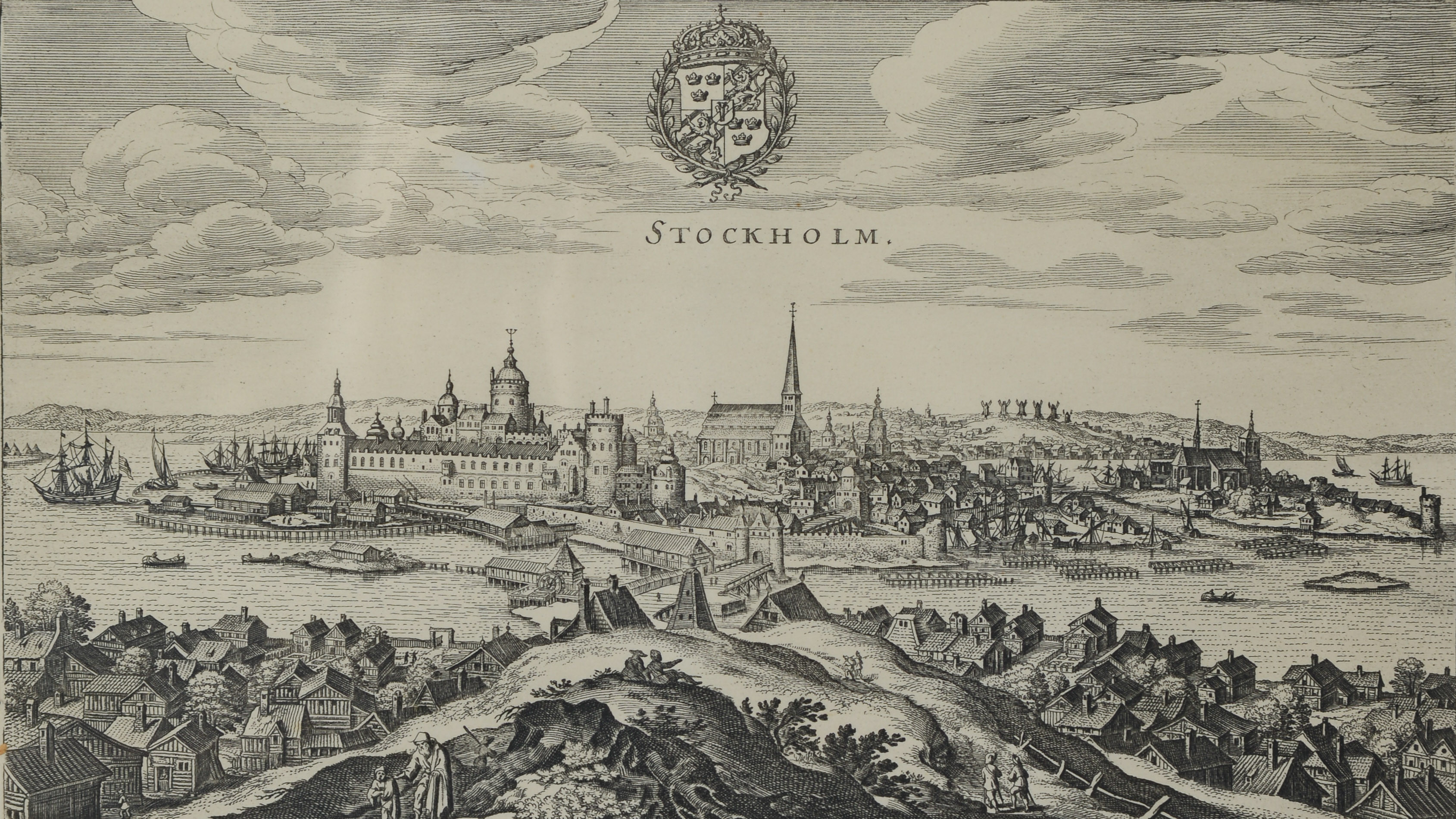 MATTHAEUS MERIAN. EFTER. Vy över Stockholm, gravyr, original från 1600-talets mitt.