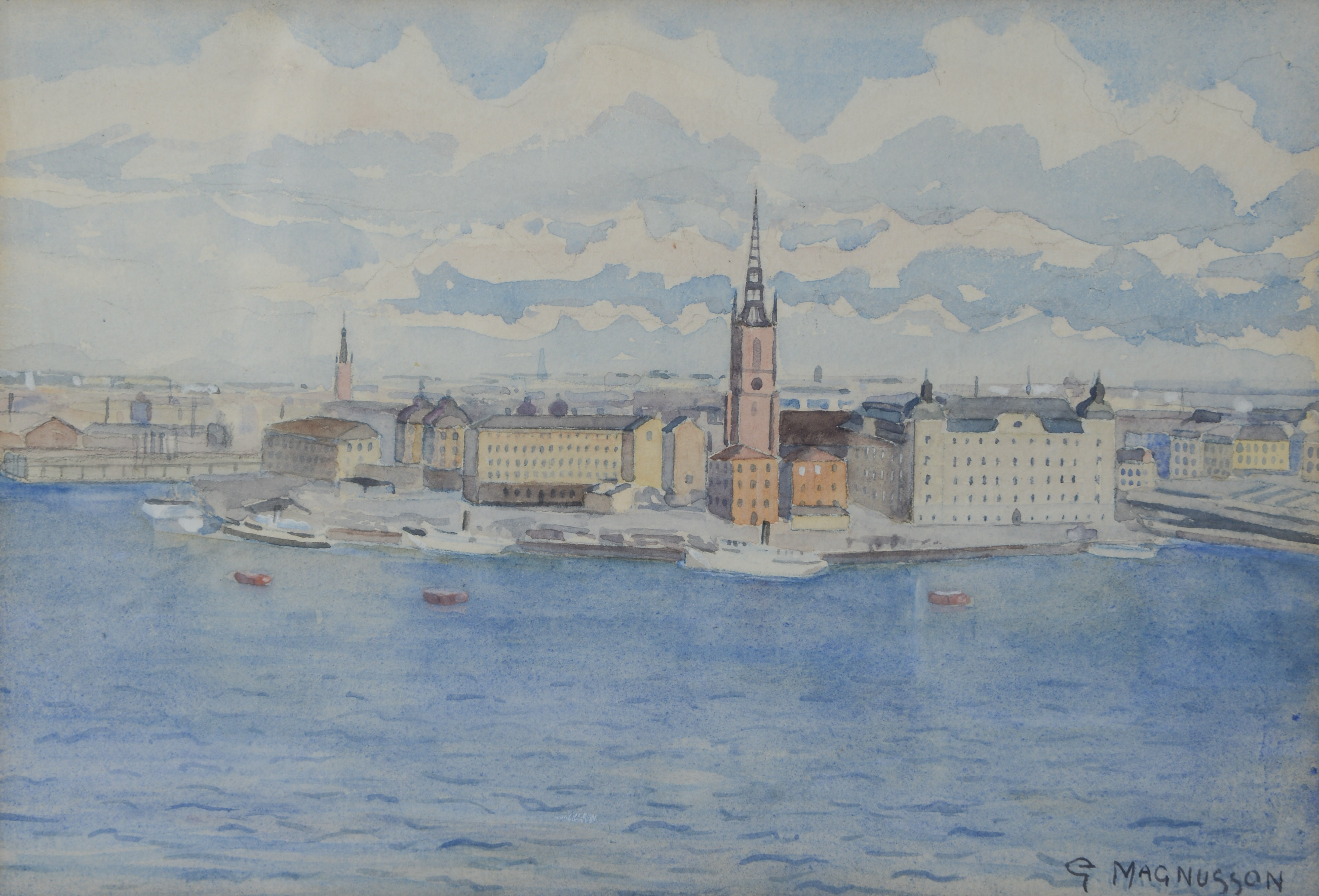 GUSTAV MAGNUSSON. TILLSKRIVEN. Stockholmsmotiv, akvarell, signerad "G. Magnusson".