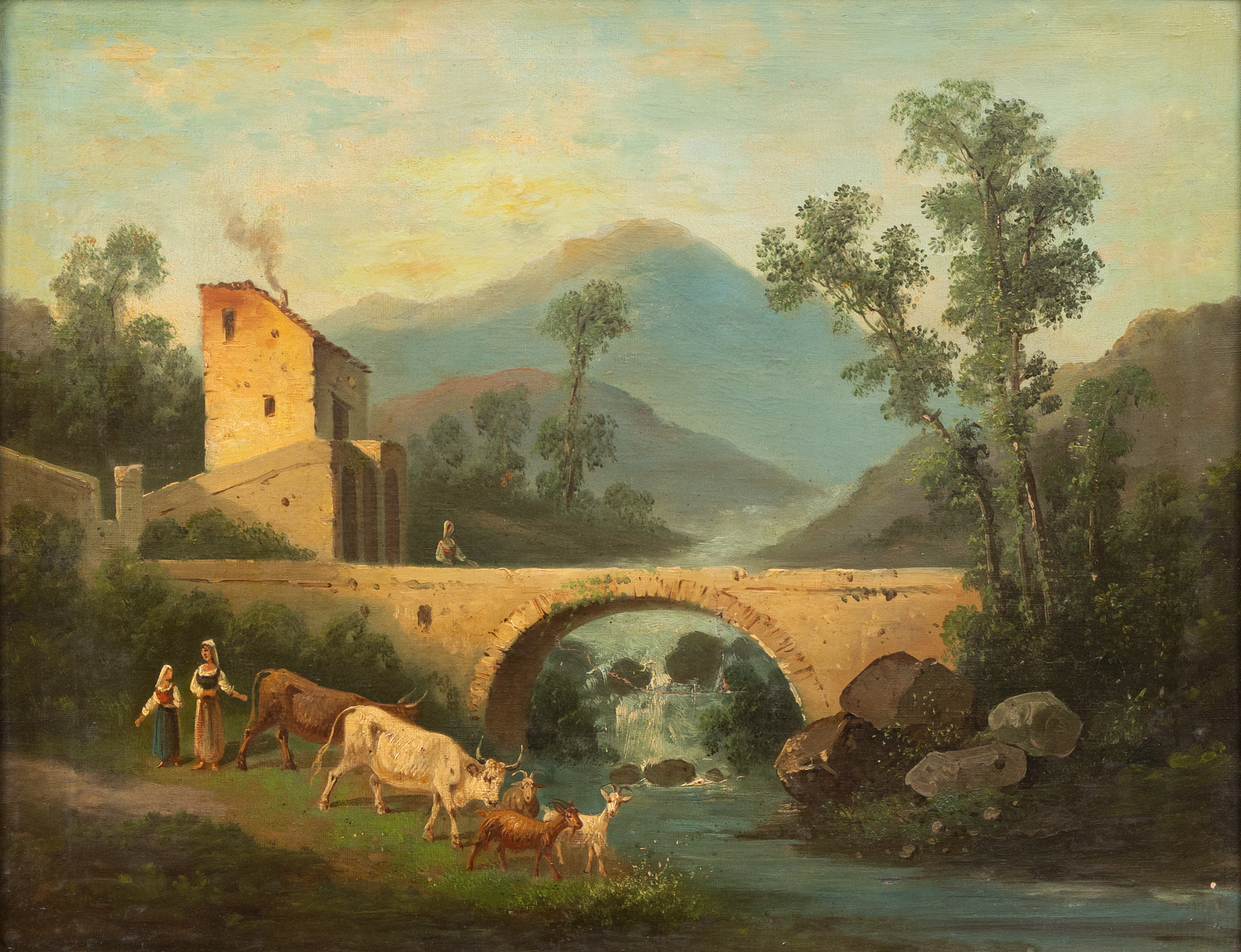 OIDENTIFIERAD KONSTNÄR. Vid bron, olja på duk, 1800-talets slut, otydligt signerad.