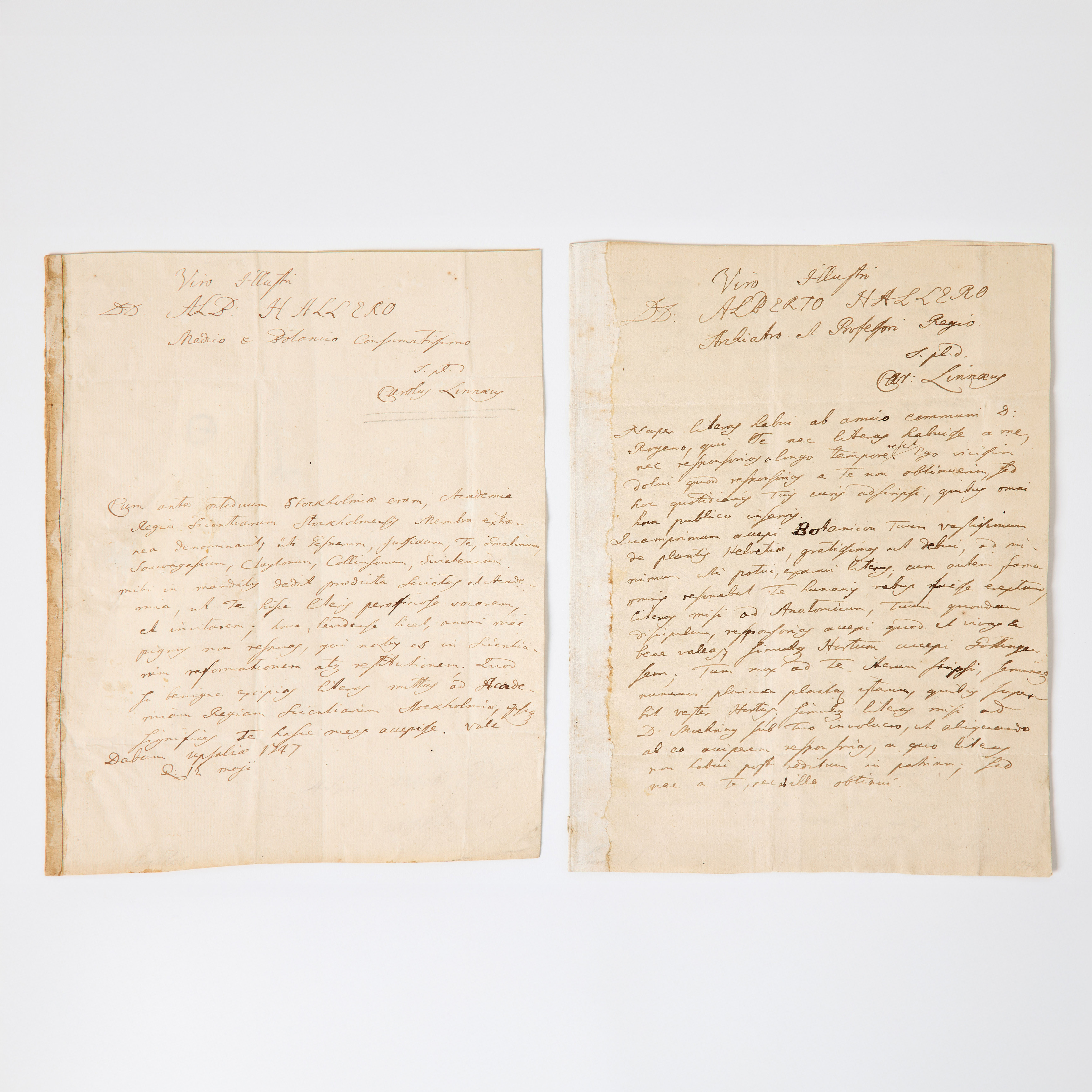 LINNAEUS, 2 LETTERS TO ALBRECHT HALLER, 1744 and 1747.