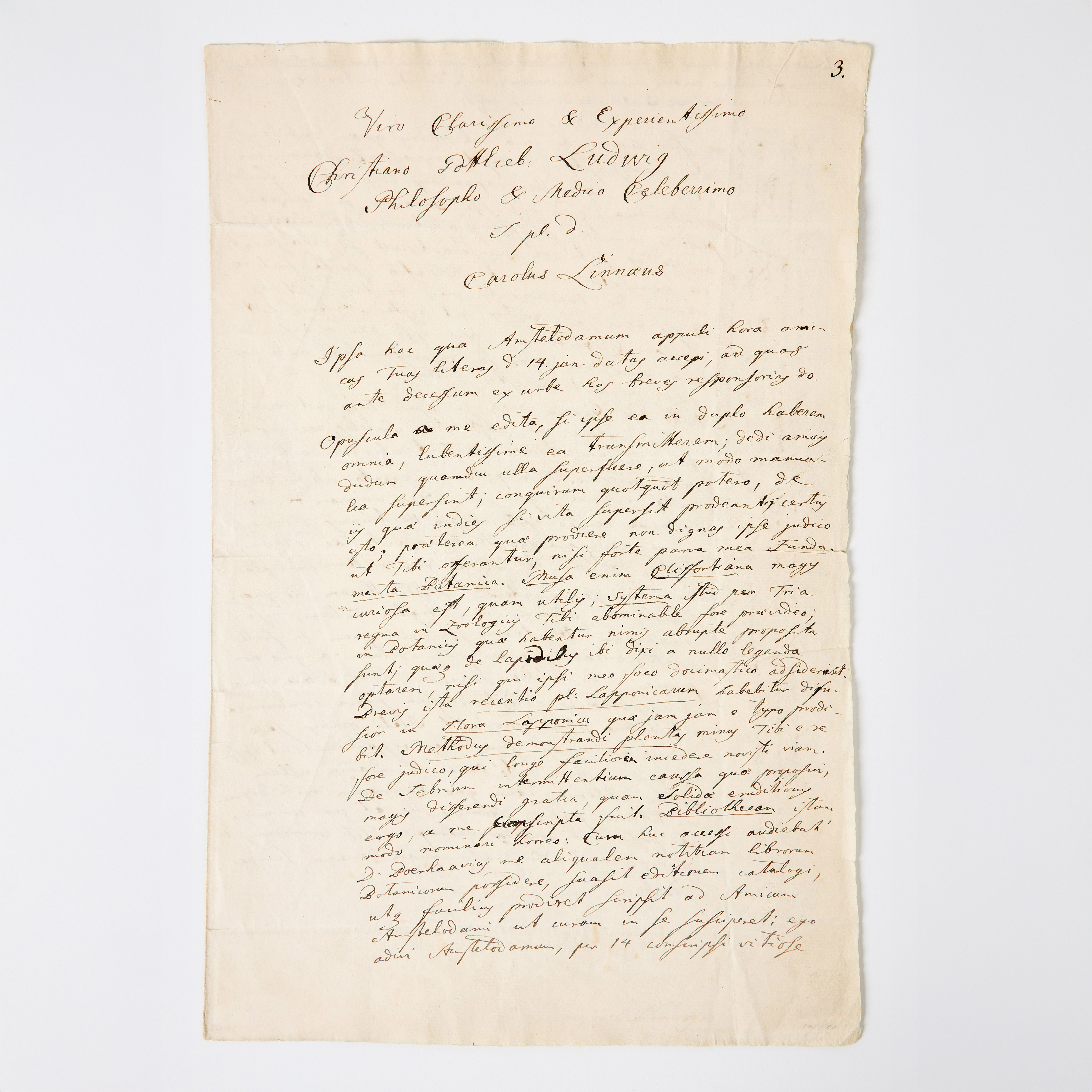 LINNAEUS'S AUTOGRAPH LETTER TO C. G. LUDWIG, 1737.