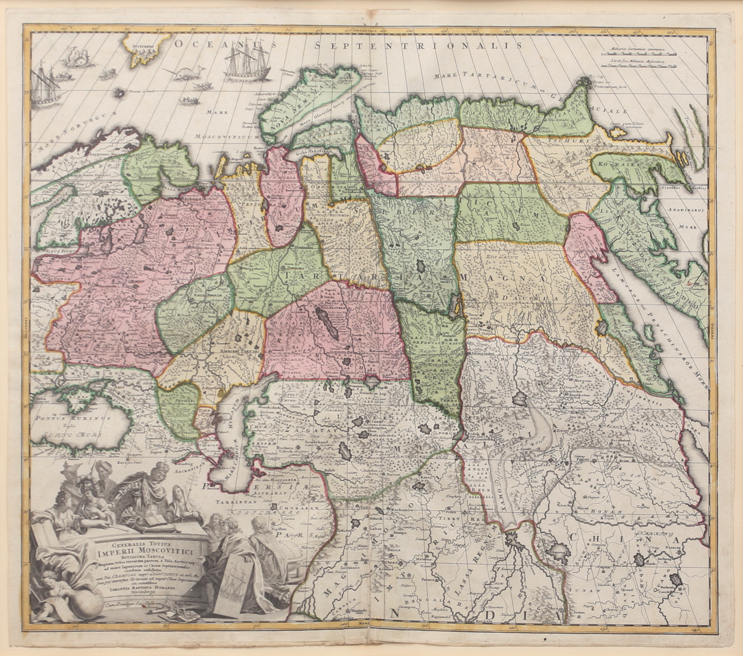 JOHANN BAPTISTA HOMANN (1664-1724). Karta, "Imperii Moscovitici", graverad / kolorerad, 1800-tal.