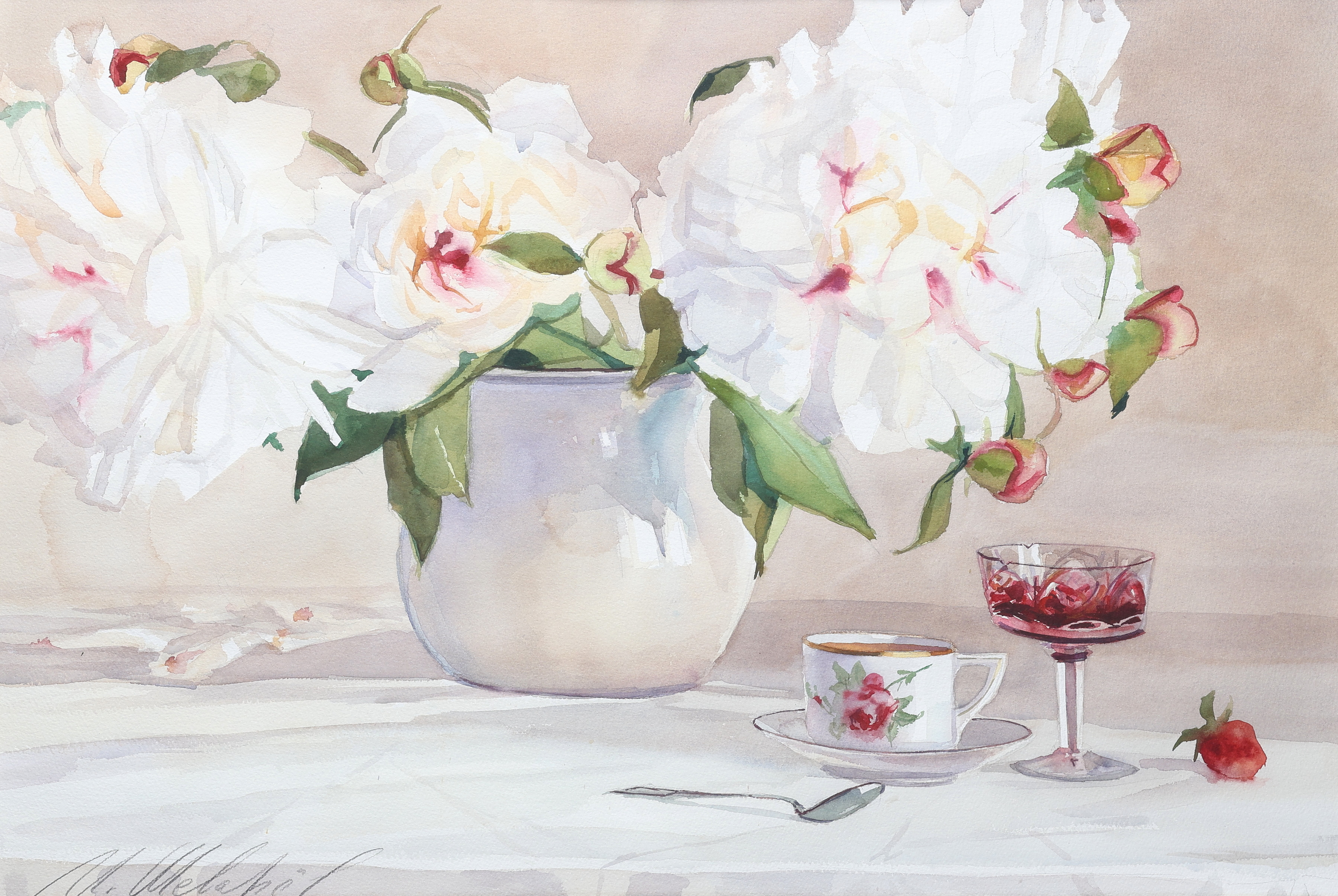 AKVARELLMÅLNING, troligen Michael Shevarjov, blomsterstilleben.