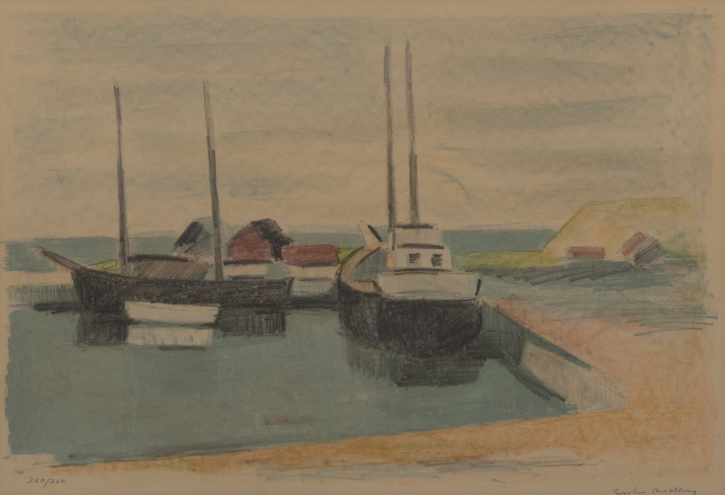 GUSTAV RUDBERG. Motiv från hamnen i Kyrkbacken, litografi nr 260/260, signerad.