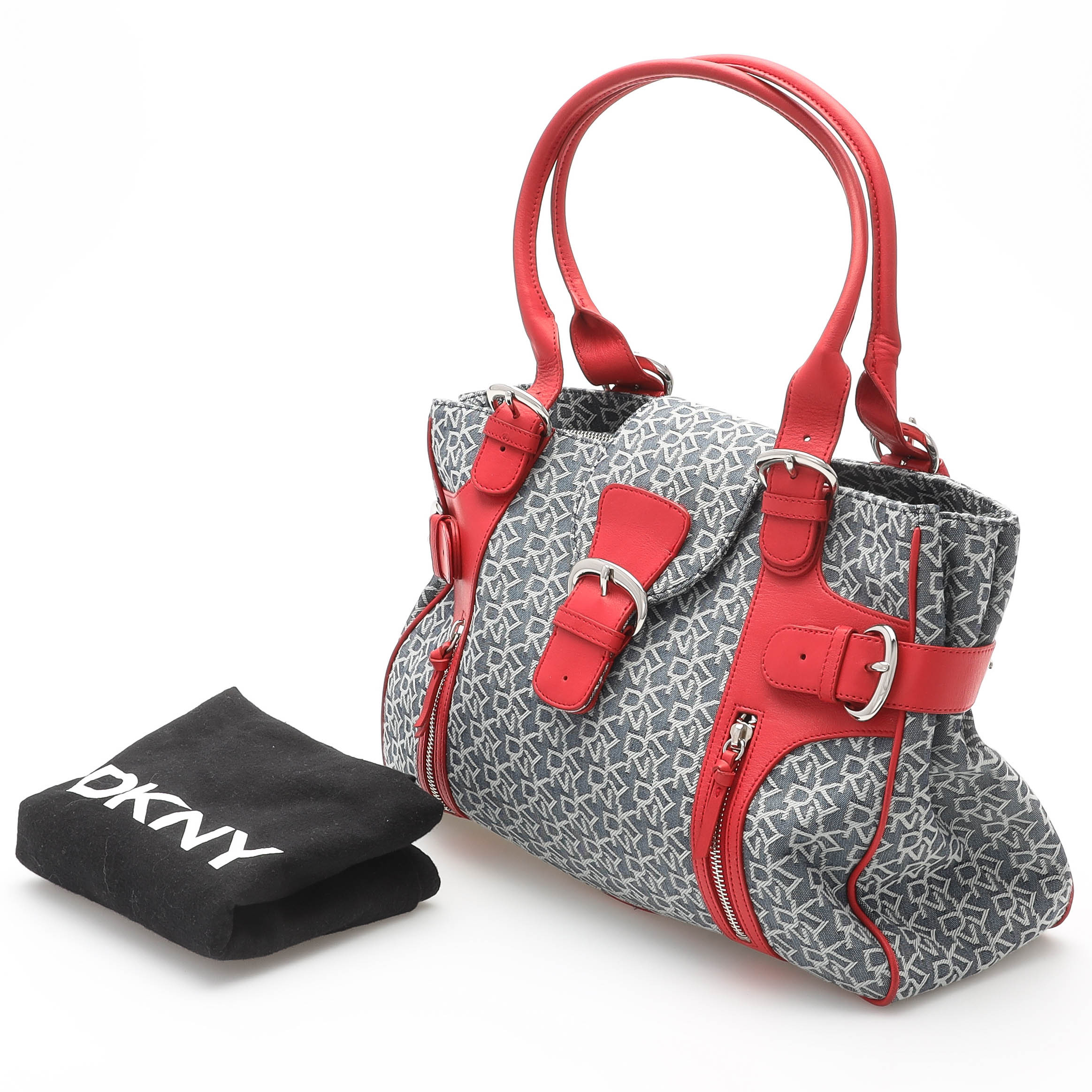 HANDVÄSKA, monogram canvas, rött skinn, DKNY.