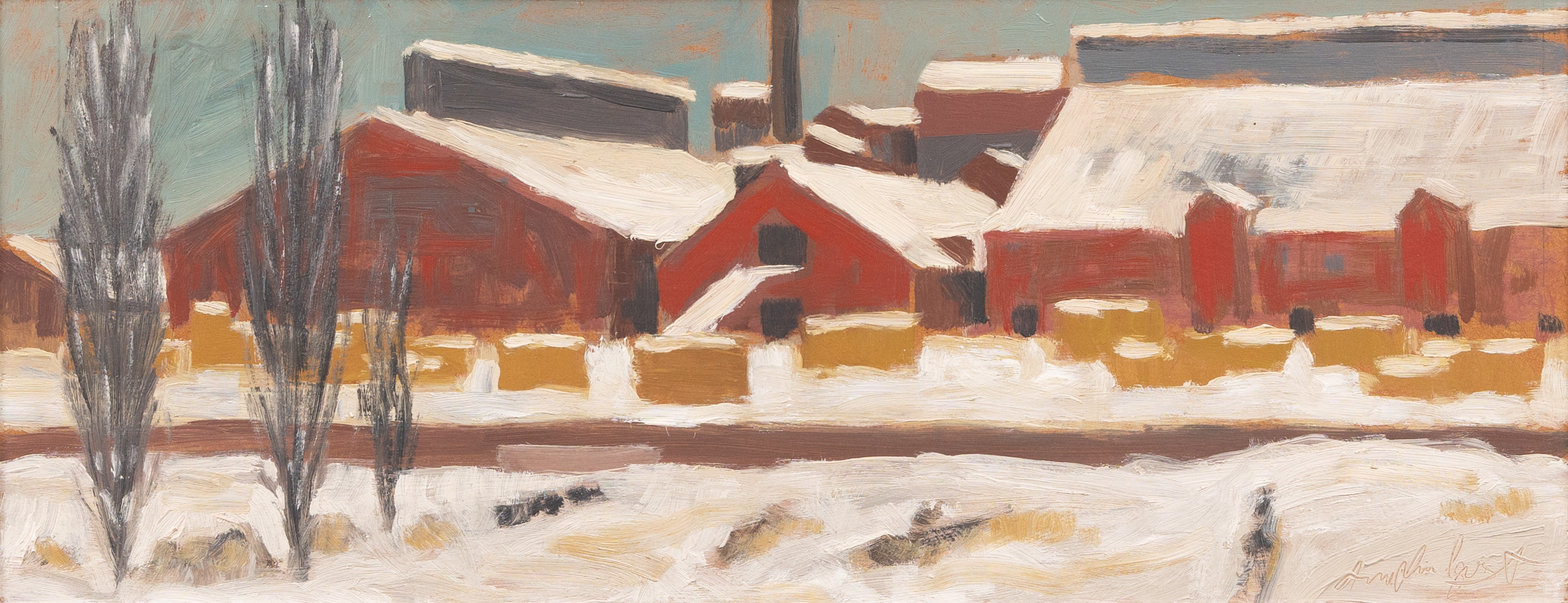 ARNE LINDQVIST (1927-2010). Fabriksbyggnad, olja på pannå, signerad.