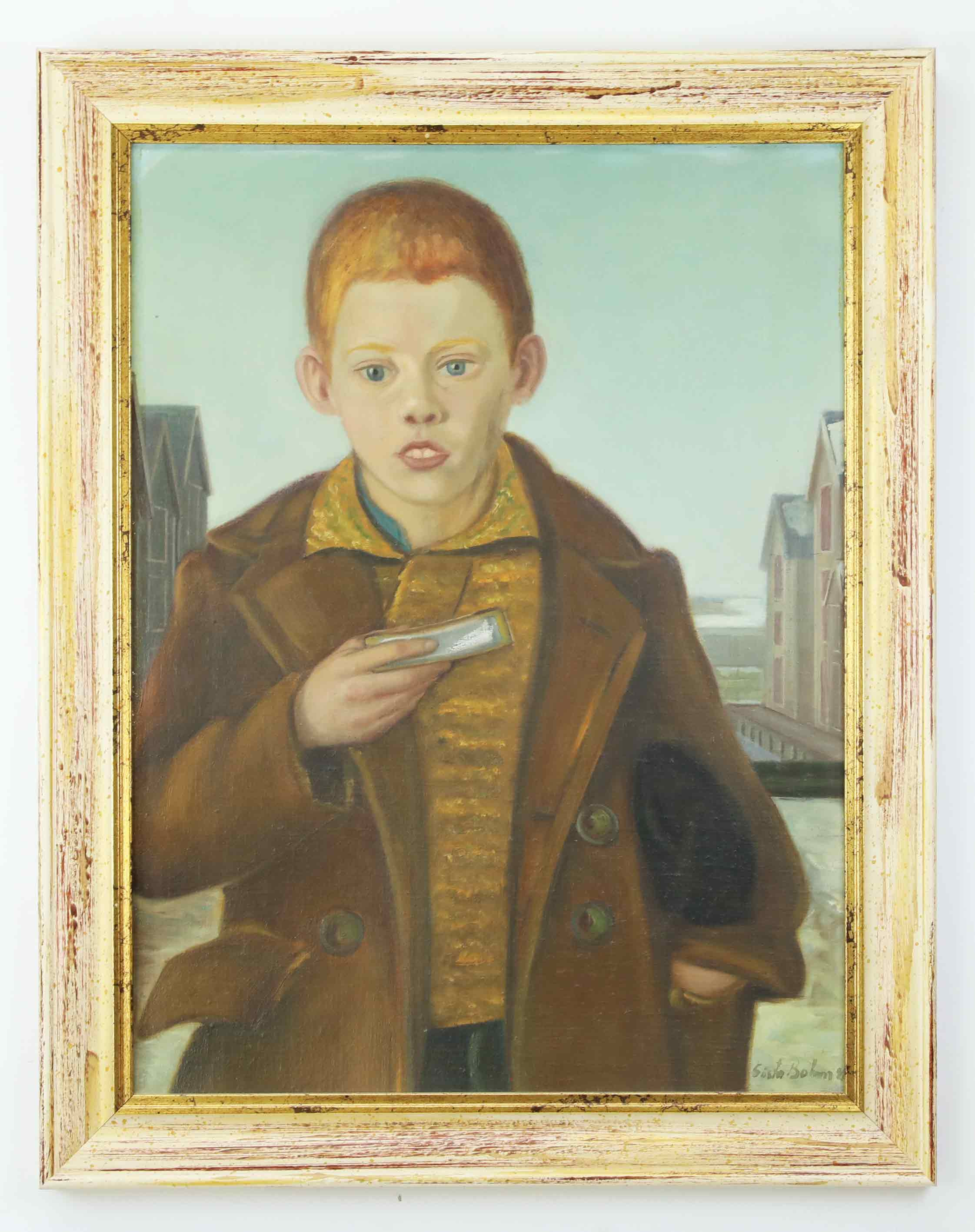 GÖSTA BOHM. Olja på pannå, "Pojken på bron"" signerad, 1928.