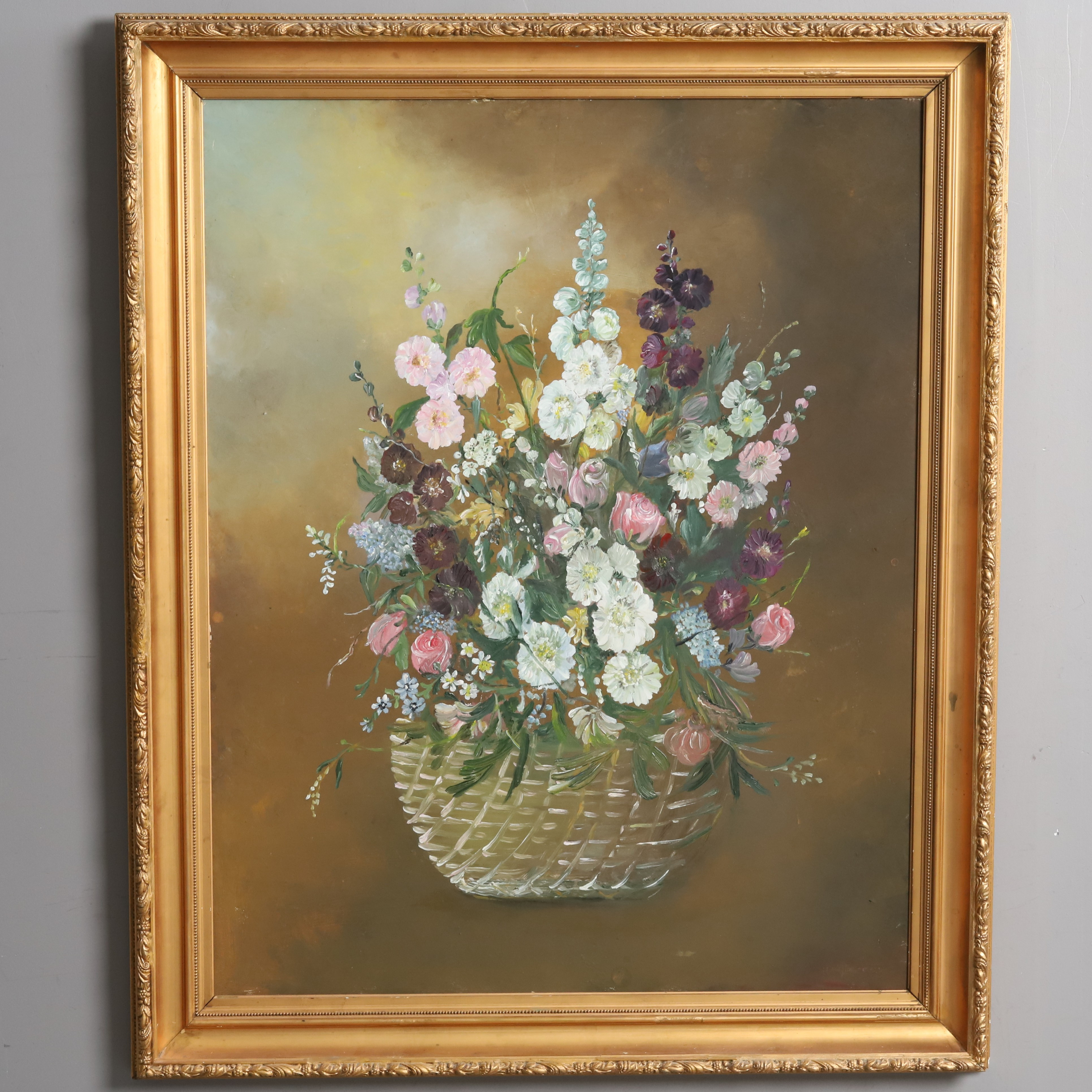 OKÄND KONSTNÄR. Olja på pannå. "Blomsterstilleben", otydligt signerad.