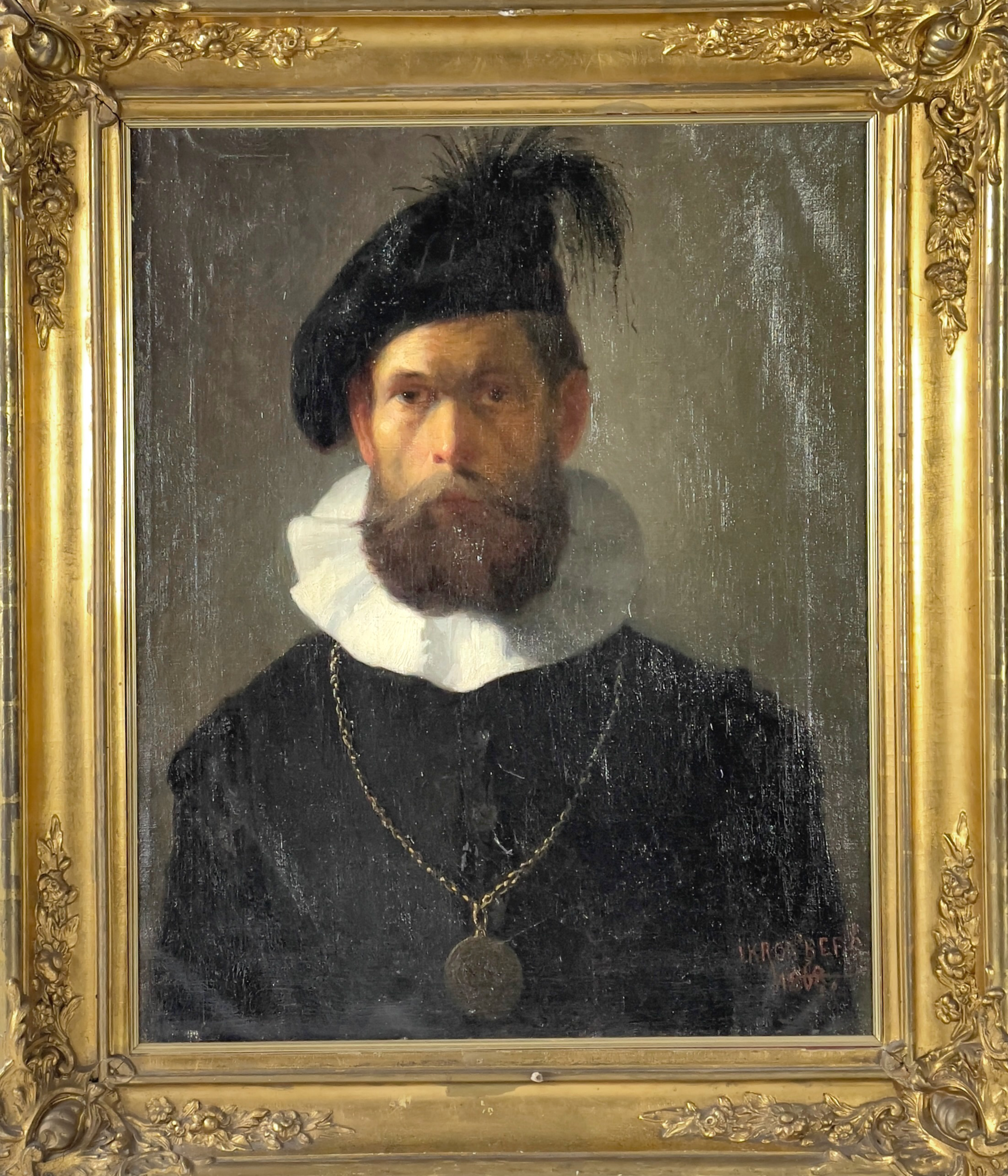 JULIUS KRONBERG (1850 - 1921), olja på duk, Porträtt av man i renässansdräkt, signerad J. Kronberg samt daterad 1868. Proveniens; Sparreholms Slott.