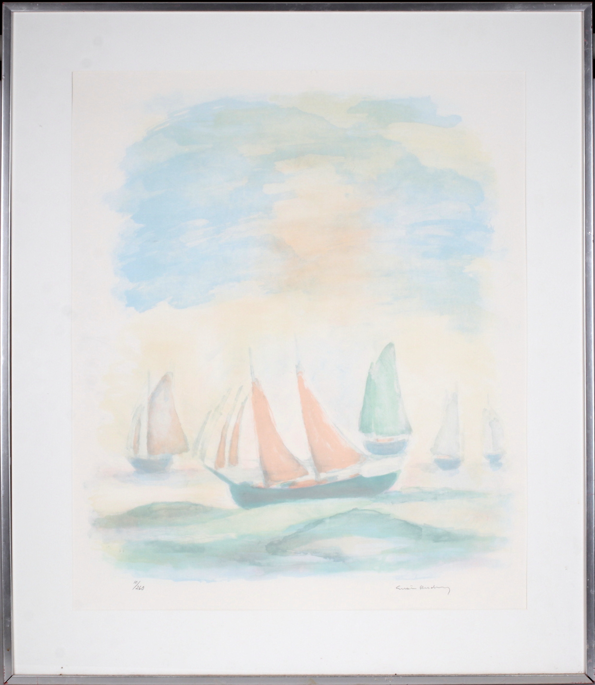 GUSTAV RUDBERG. Segelbåtar, färglitografi, signerad 10/260.