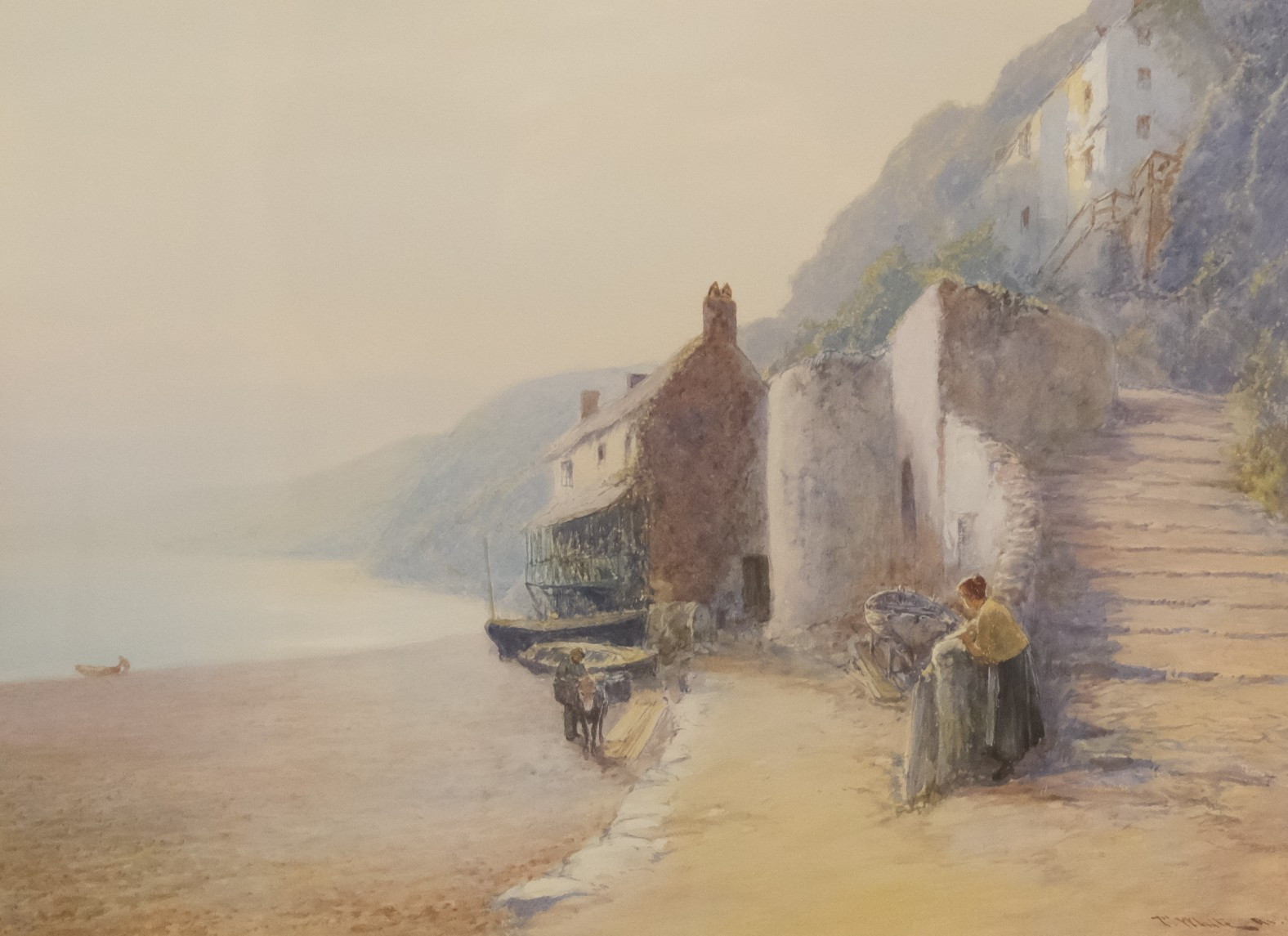 AKVARELL, SIGNERAD T. WHITE, "FIRST BOAT IN CLOVELLY EARLY MORNING".